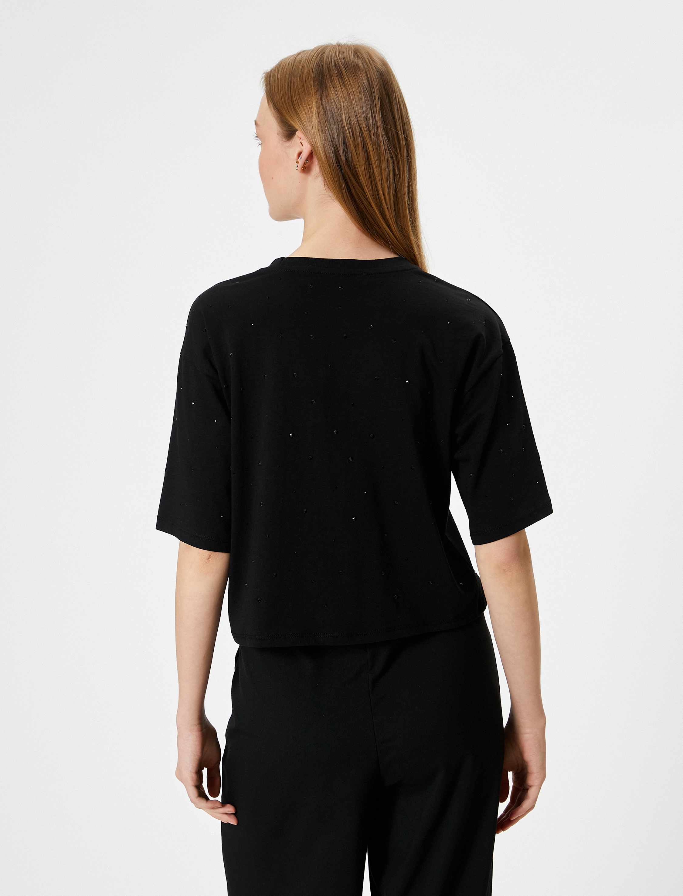   Taşlı Tişört Kısa Kollu Bisiklet Yaka Pamuklu Rahat Kalıp