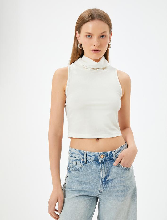  Kadife Kolsuz Dökümlü Balıkçı Yaka Crop Üst