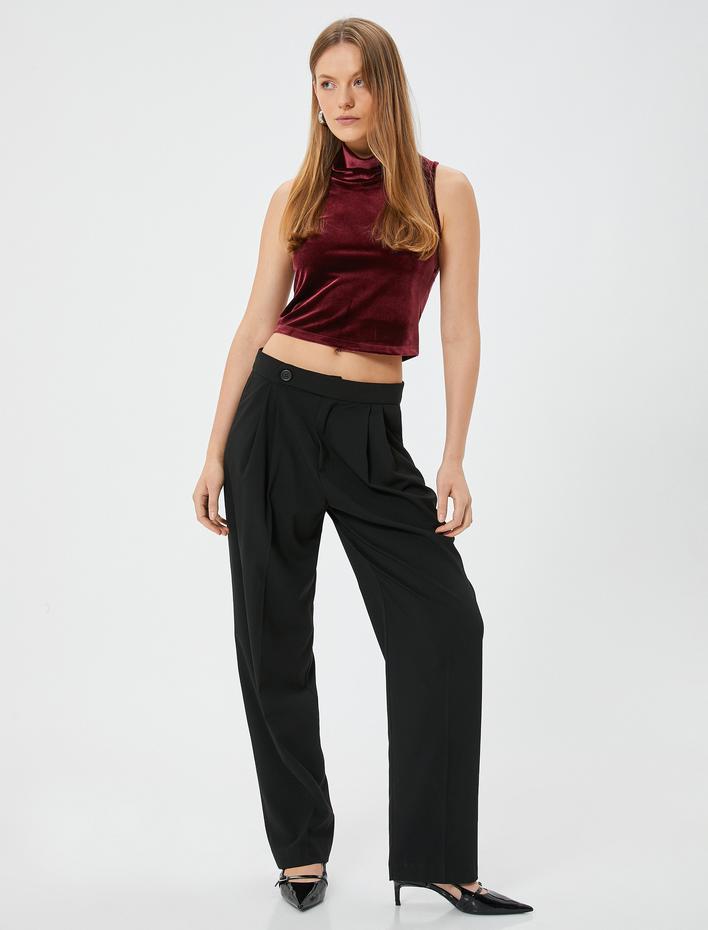  Kadife Kolsuz Dökümlü Balıkçı Yaka Crop Üst