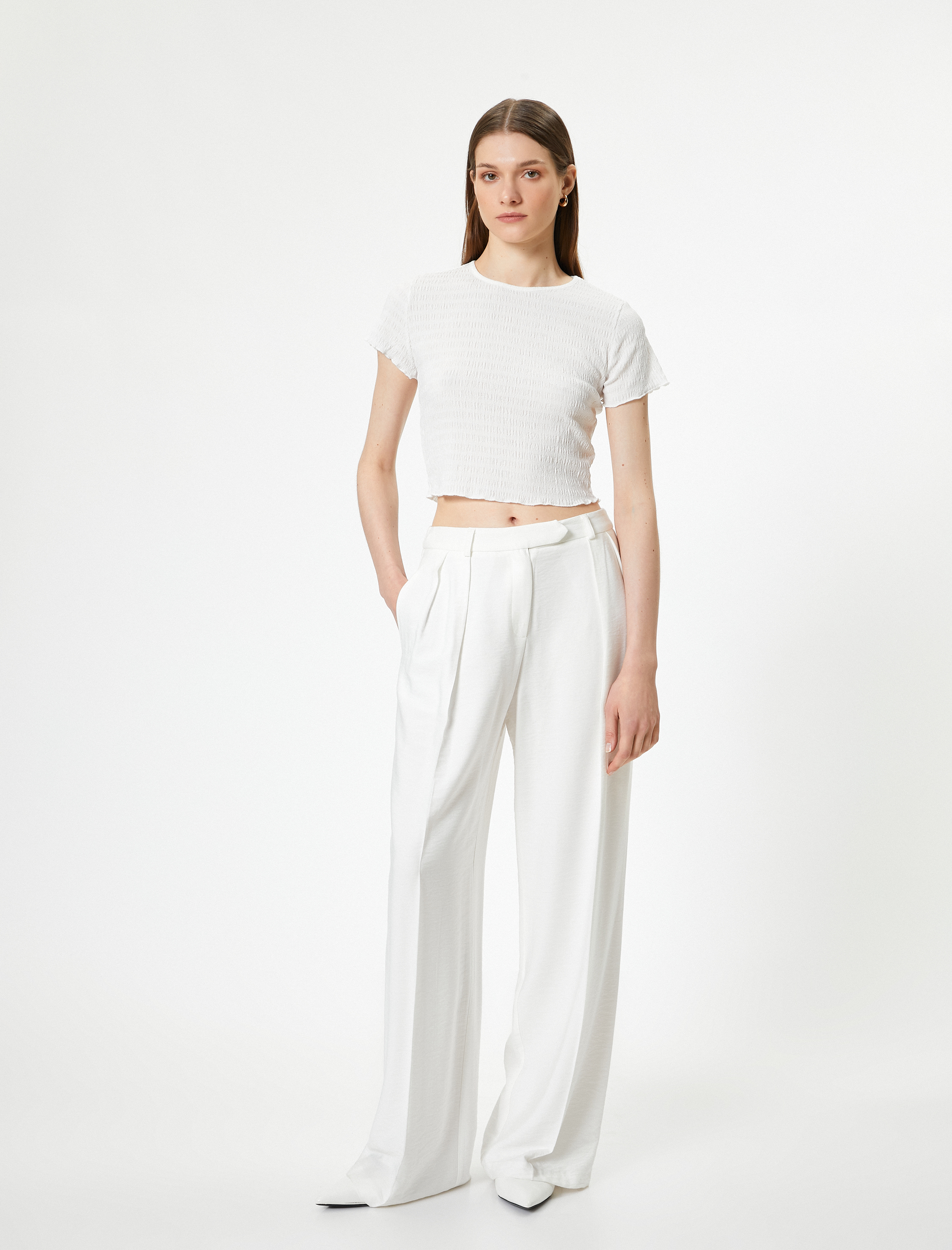   Crop Tişört Dokulu Kısa Kollu Bisiklet Yaka