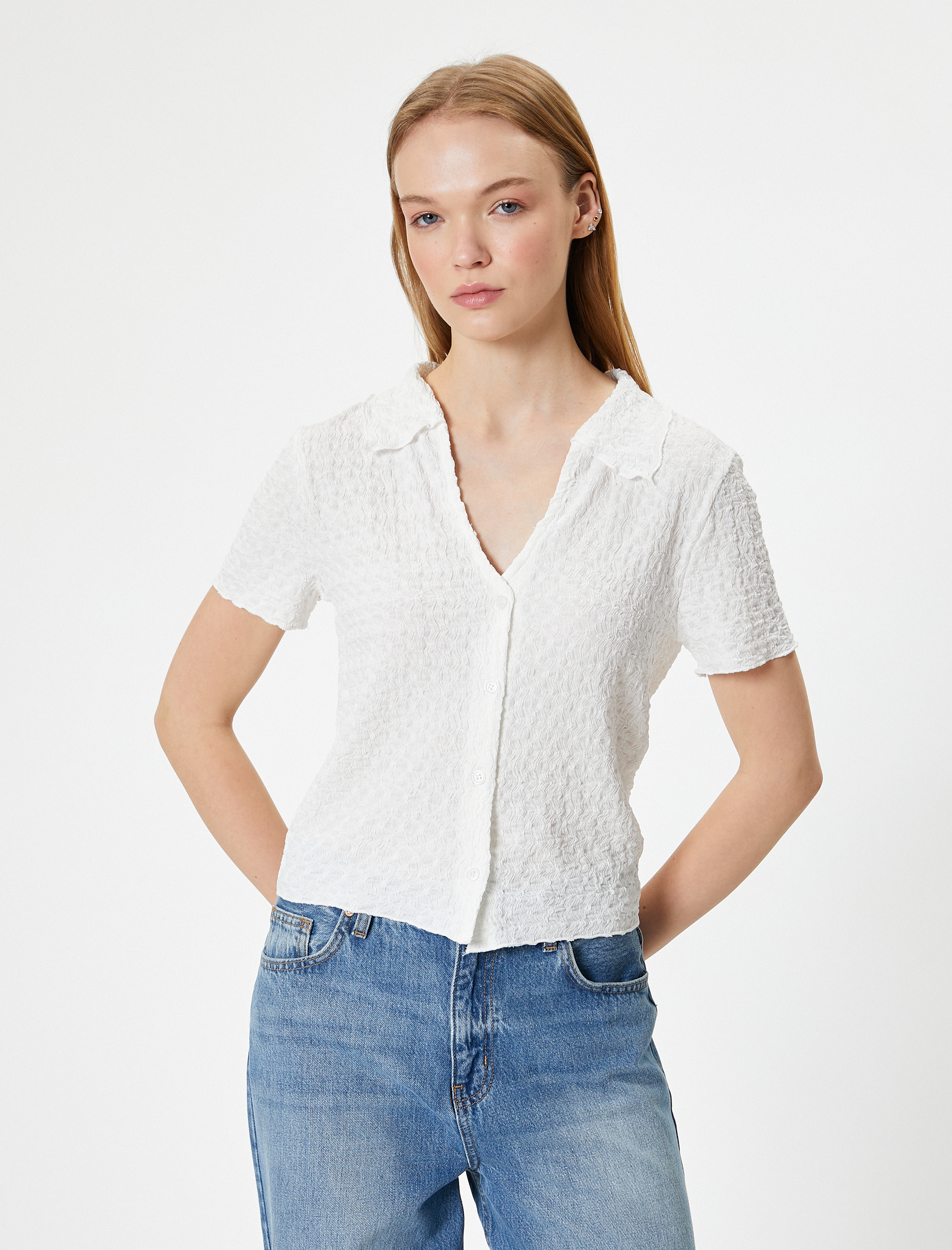   Kısa Kollu Gömlek Yaka Bluz Düğmeli Bürümcük