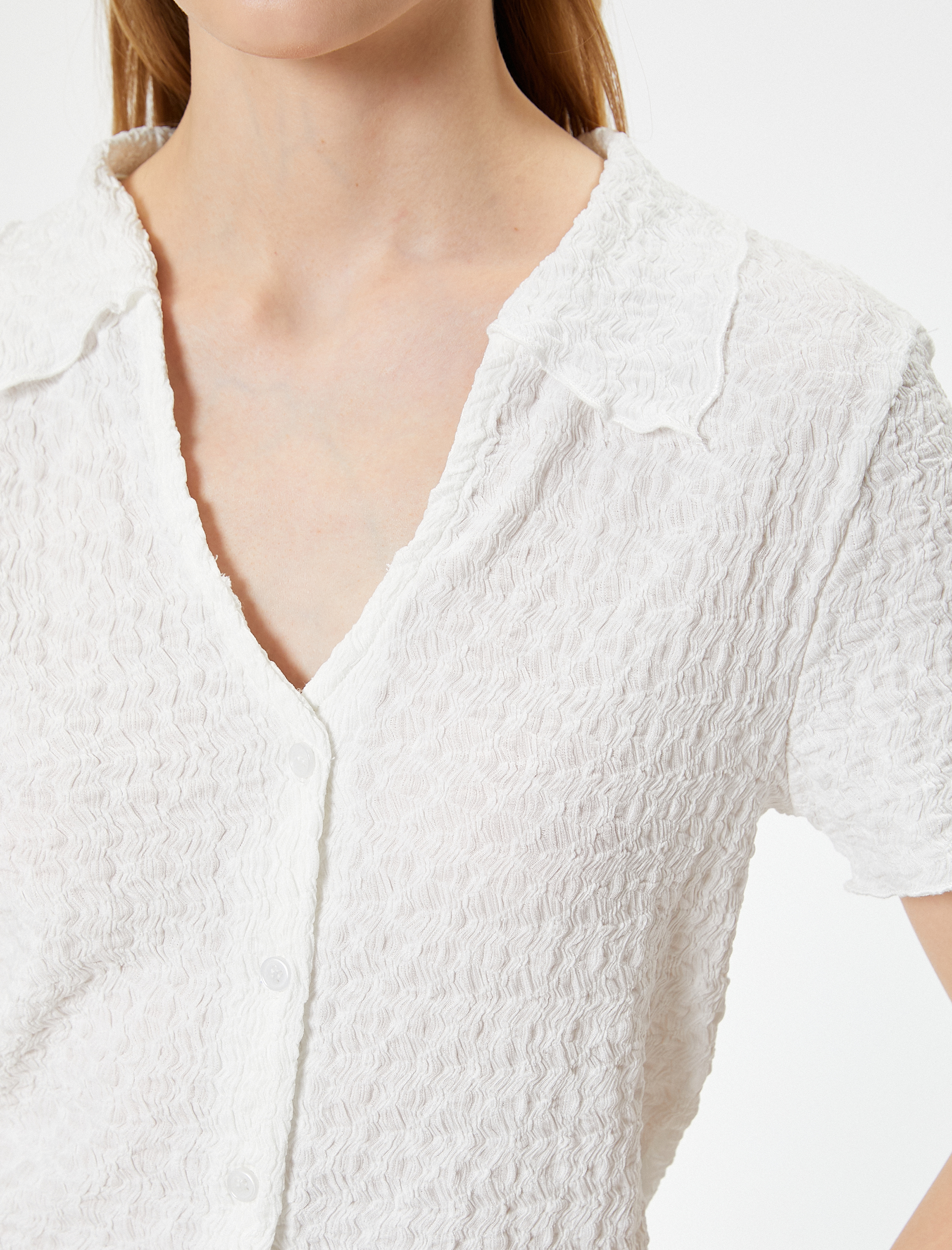   Kısa Kollu Gömlek Yaka Bluz Düğmeli Bürümcük