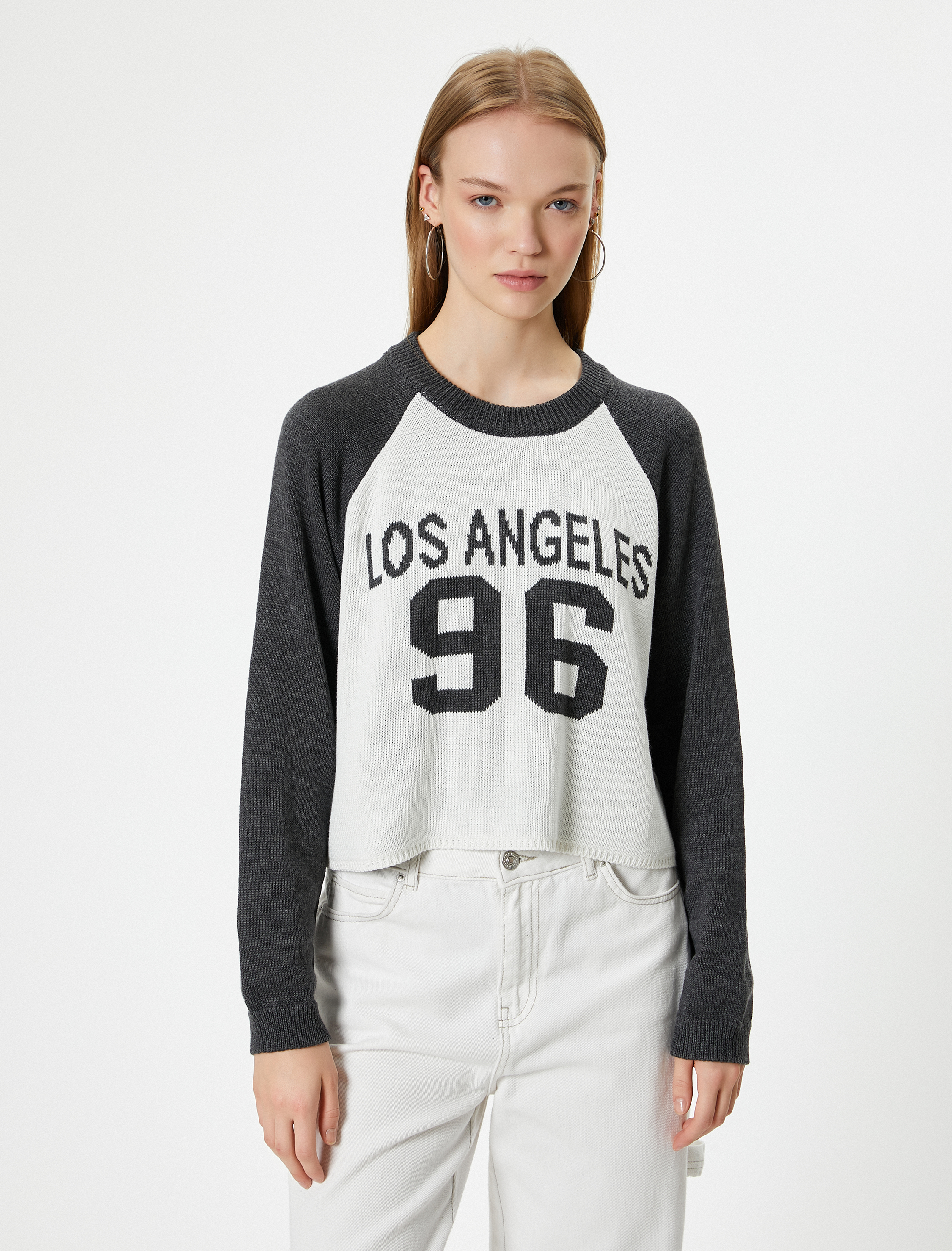   Bisiklet Yaka Kazak Kolej Desenli Bisiklet Yaka Reglan Kollu