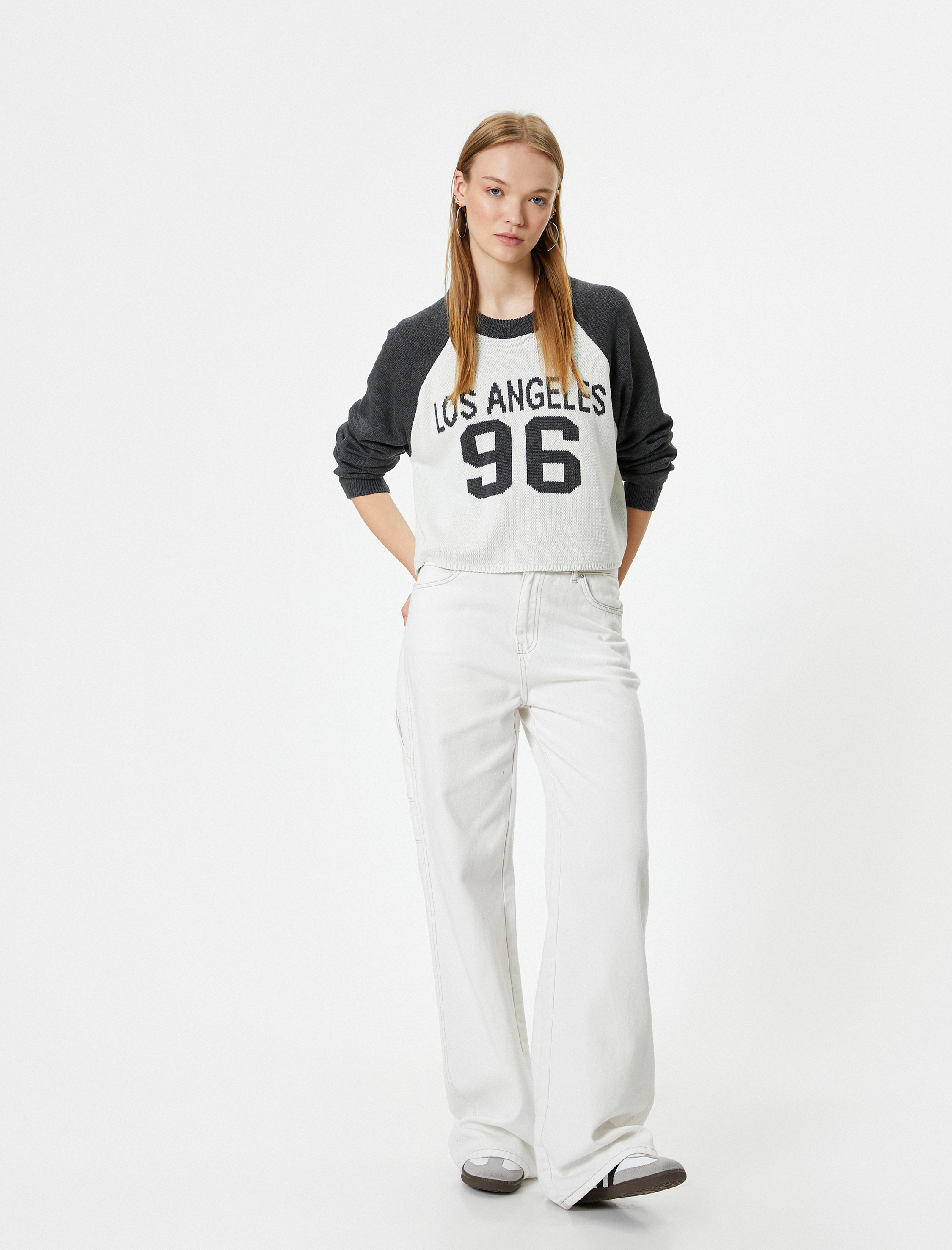   Bisiklet Yaka Kazak Kolej Desenli Bisiklet Yaka Reglan Kollu