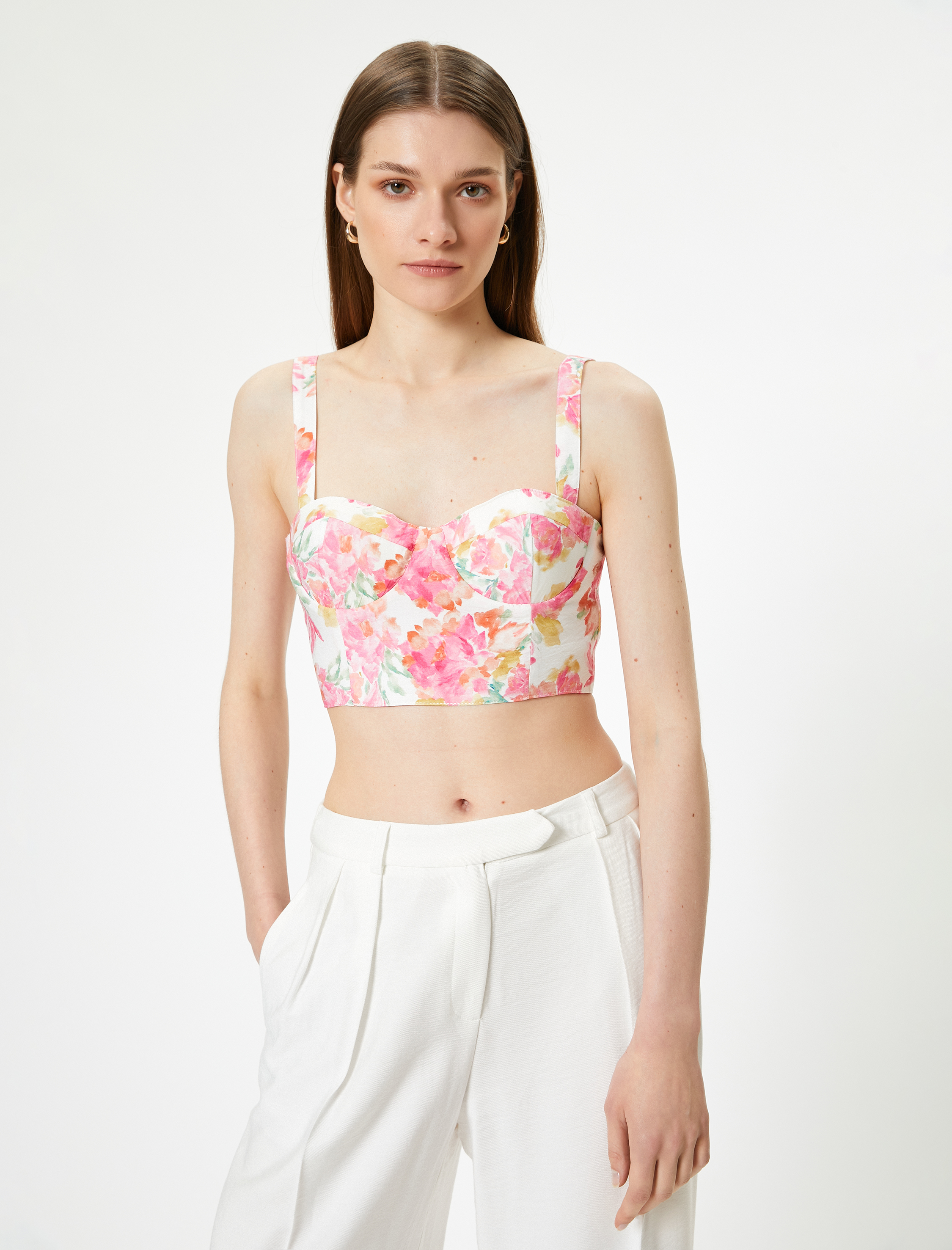   Çiçekli Büstiyer Kalın Askılı Kalp Yaka Slim Fit