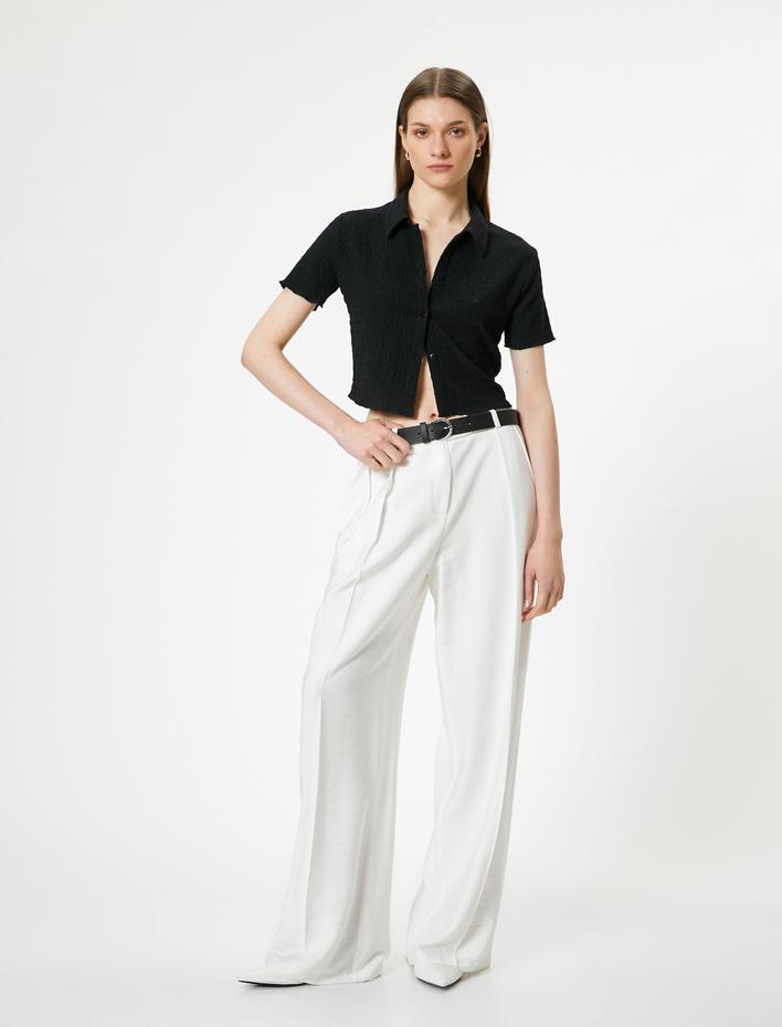  Crop Gömlek Kısa Kollu Dokulu