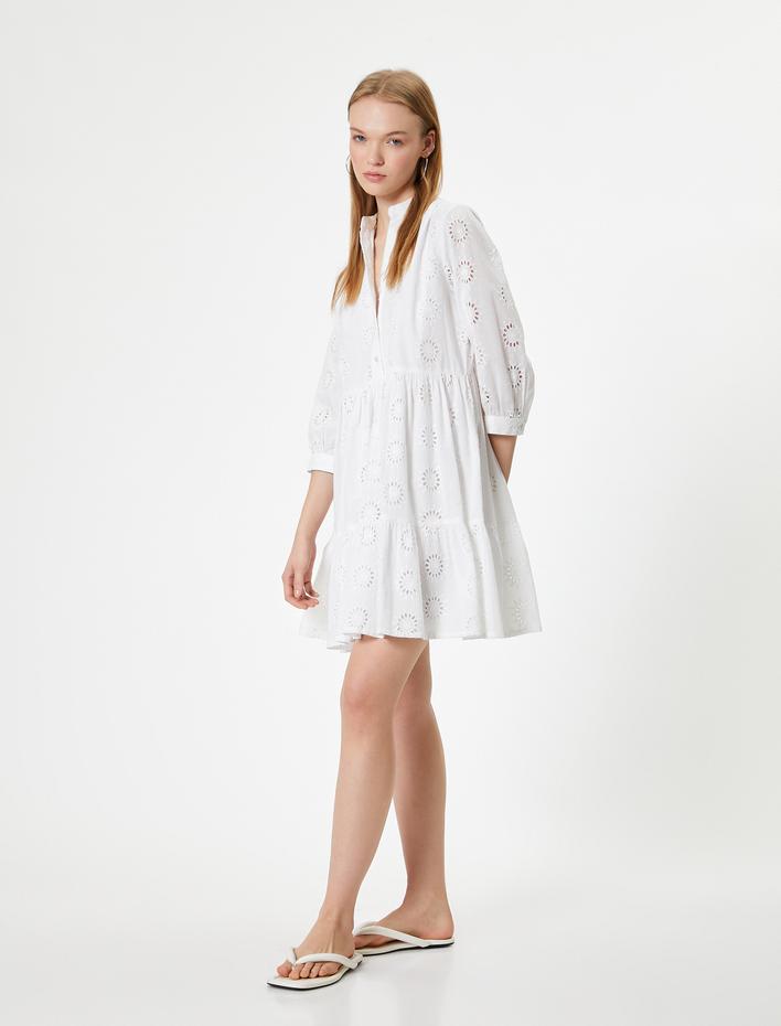  Fisto Elbise Mini Uzun Kollu Hakim Yaka Düğmeli Volanlı