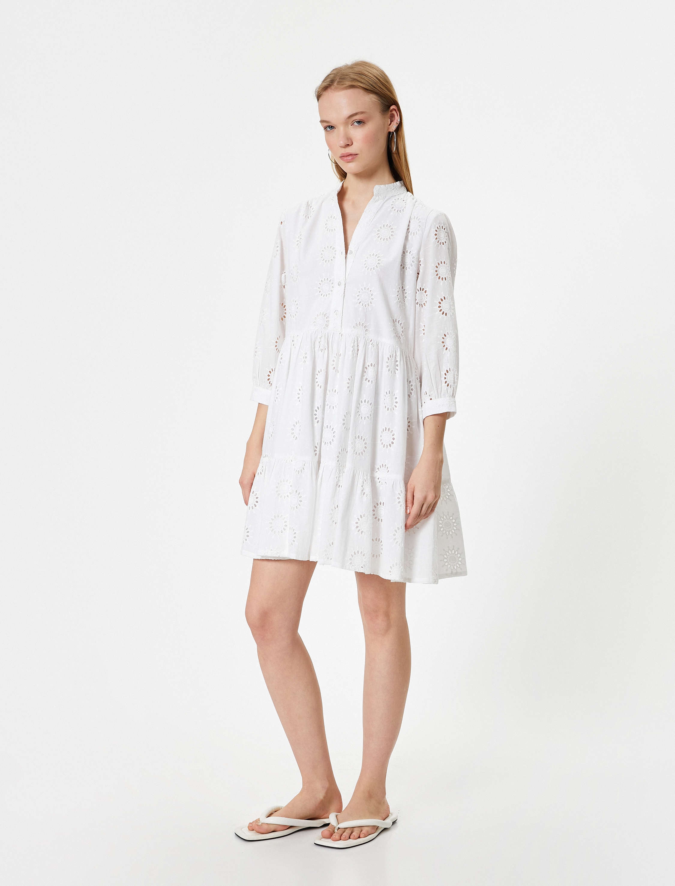 Fisto Elbise Mini Uzun Kollu Hakim Yaka Düğmeli Volanlı