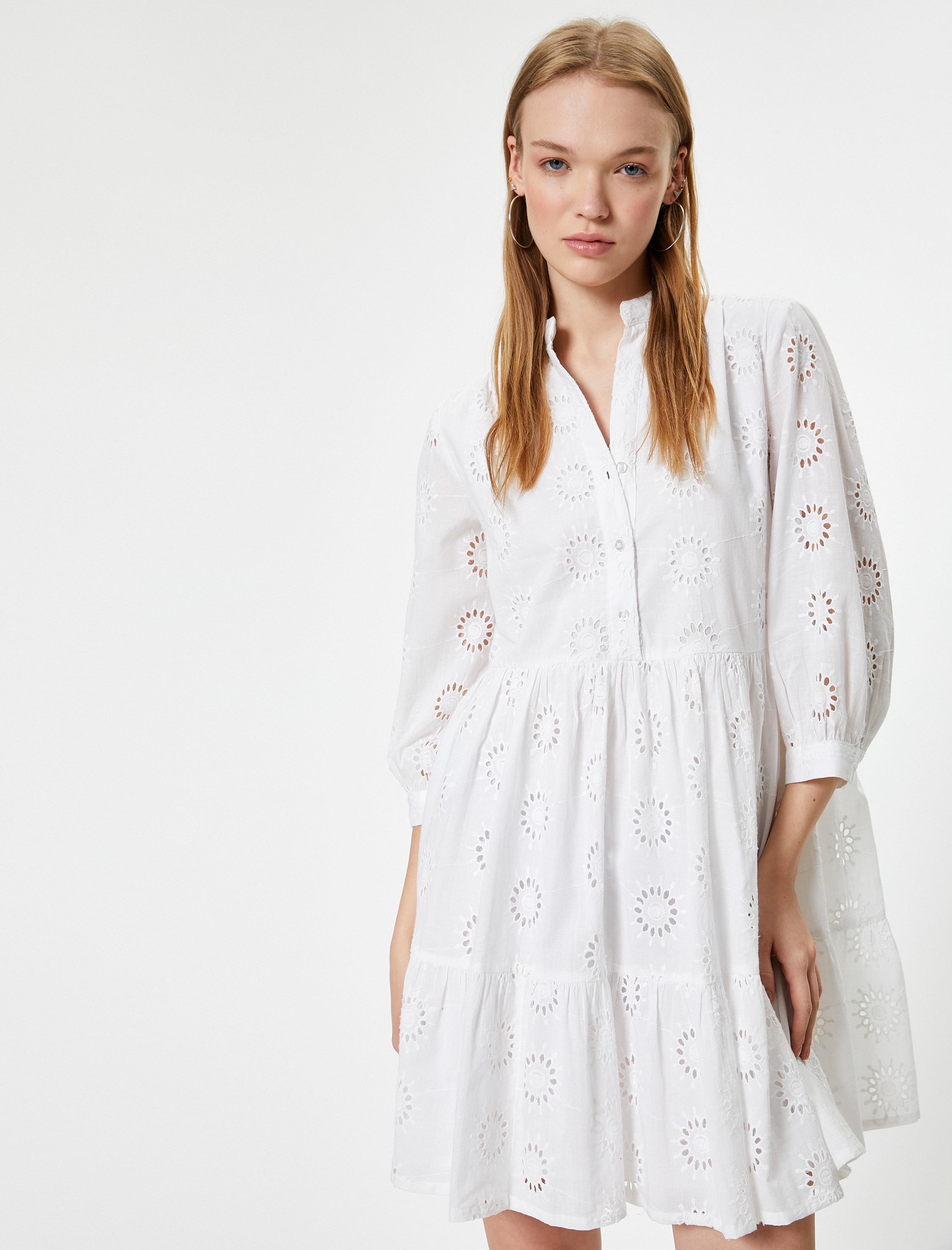 Fisto Elbise Mini Uzun Kollu Hakim Yaka Düğmeli Volanlı