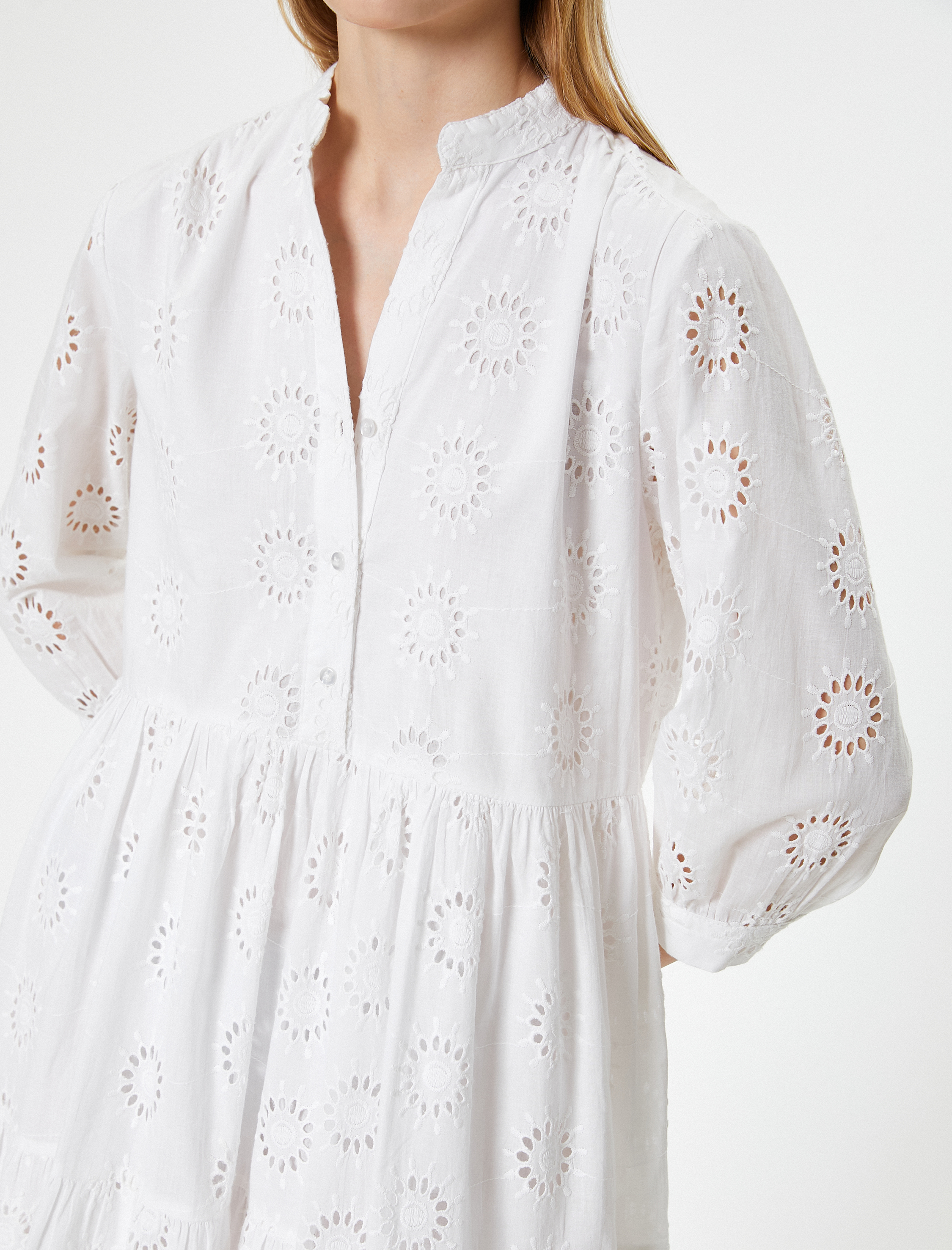 Fisto Elbise Mini Uzun Kollu Hakim Yaka Düğmeli Volanlı