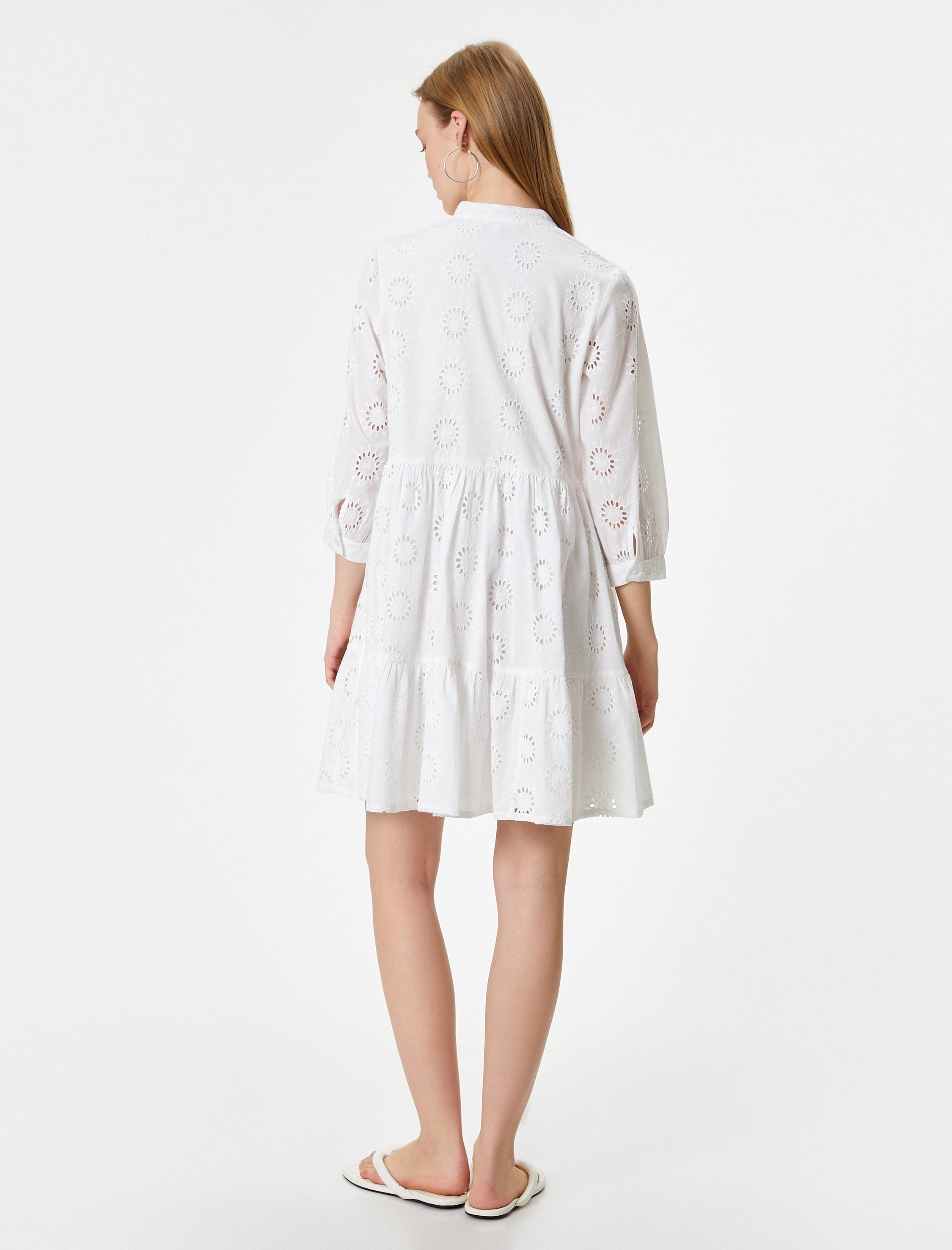 Fisto Elbise Mini Uzun Kollu Hakim Yaka Düğmeli Volanlı