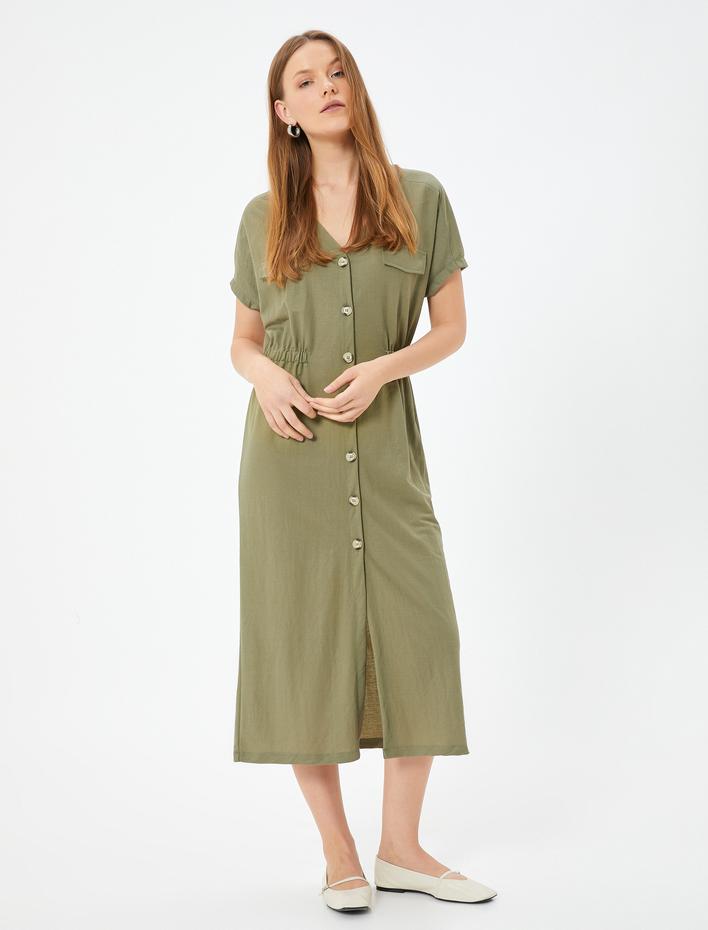  Midi Gömlek Elbise Kısa Kollu V Yaka Beli Lastikli Cep Detaylı