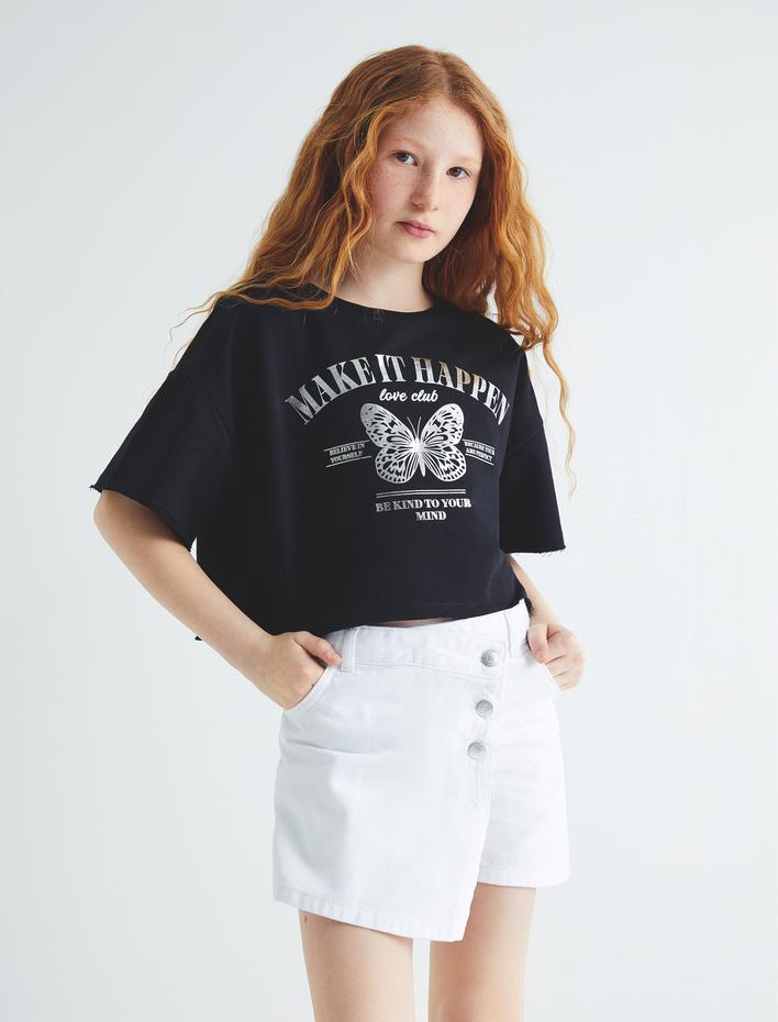 Kız Çocuk Kot Şort Etek Cepli Düğmeli Kruvaze Pamuklu