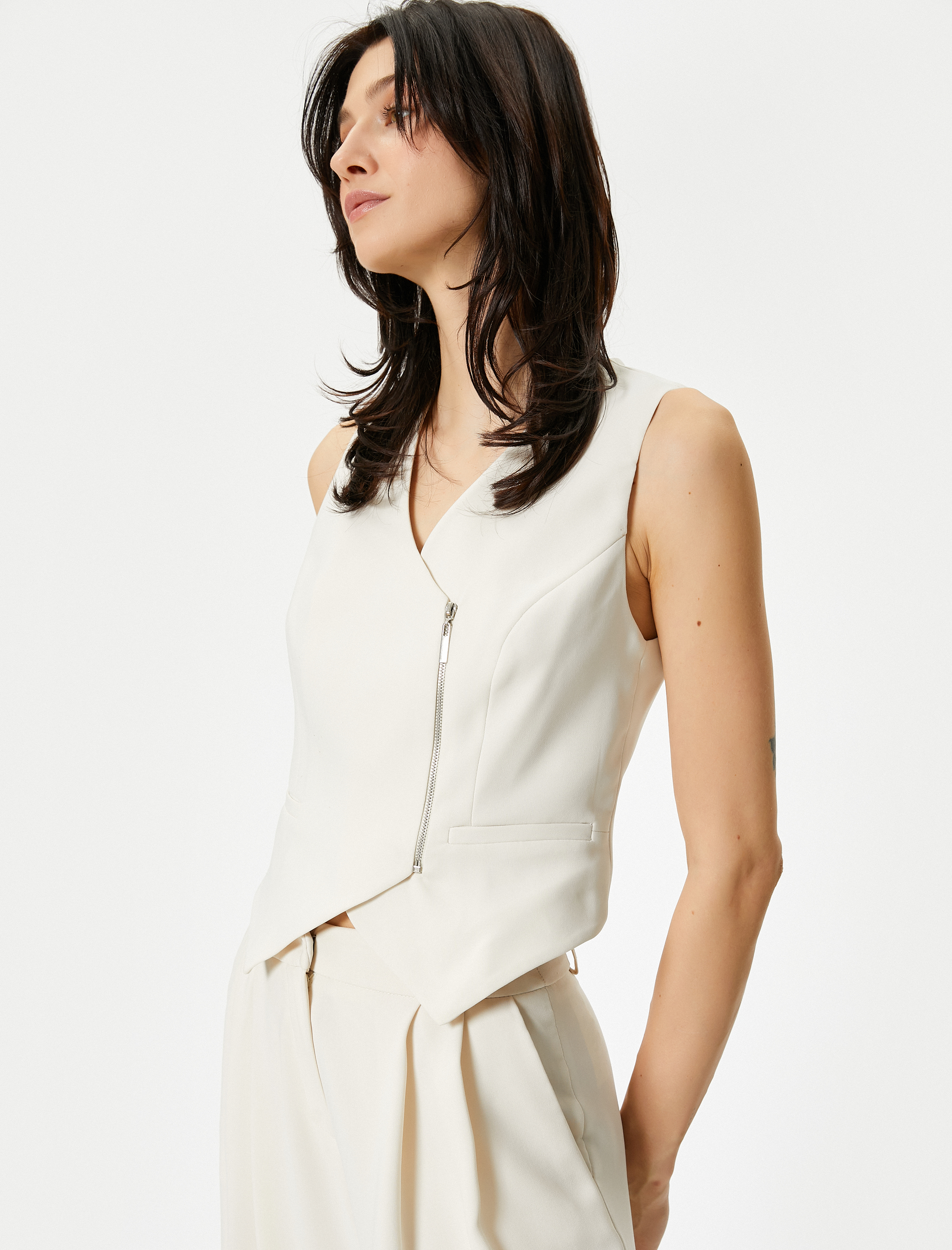   Blazer Yelek Anvelop Fermuar Detaylı V Yaka Fleto Cepli