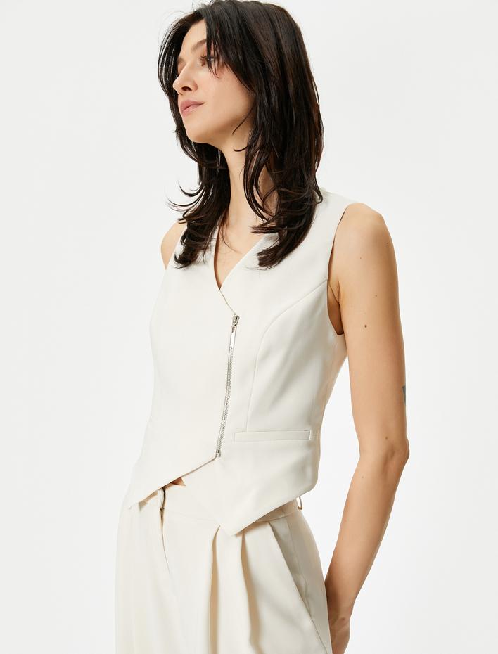  Blazer Yelek Anvelop Fermuar Detaylı V Yaka Fleto Cepli