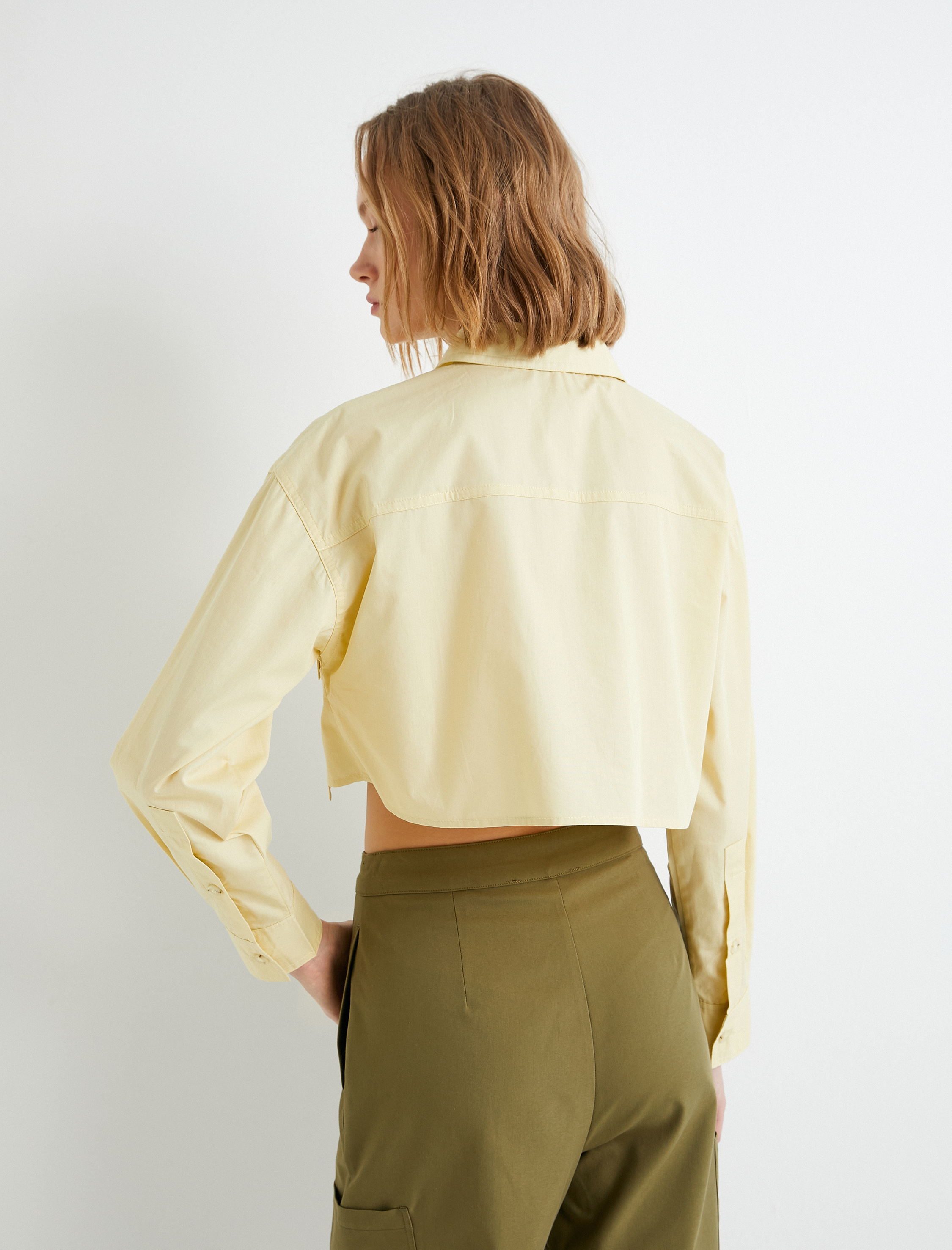   Crop Poplin Gömlek Kargo Cepli Düğmeli Uzun Kollu Pamuklu