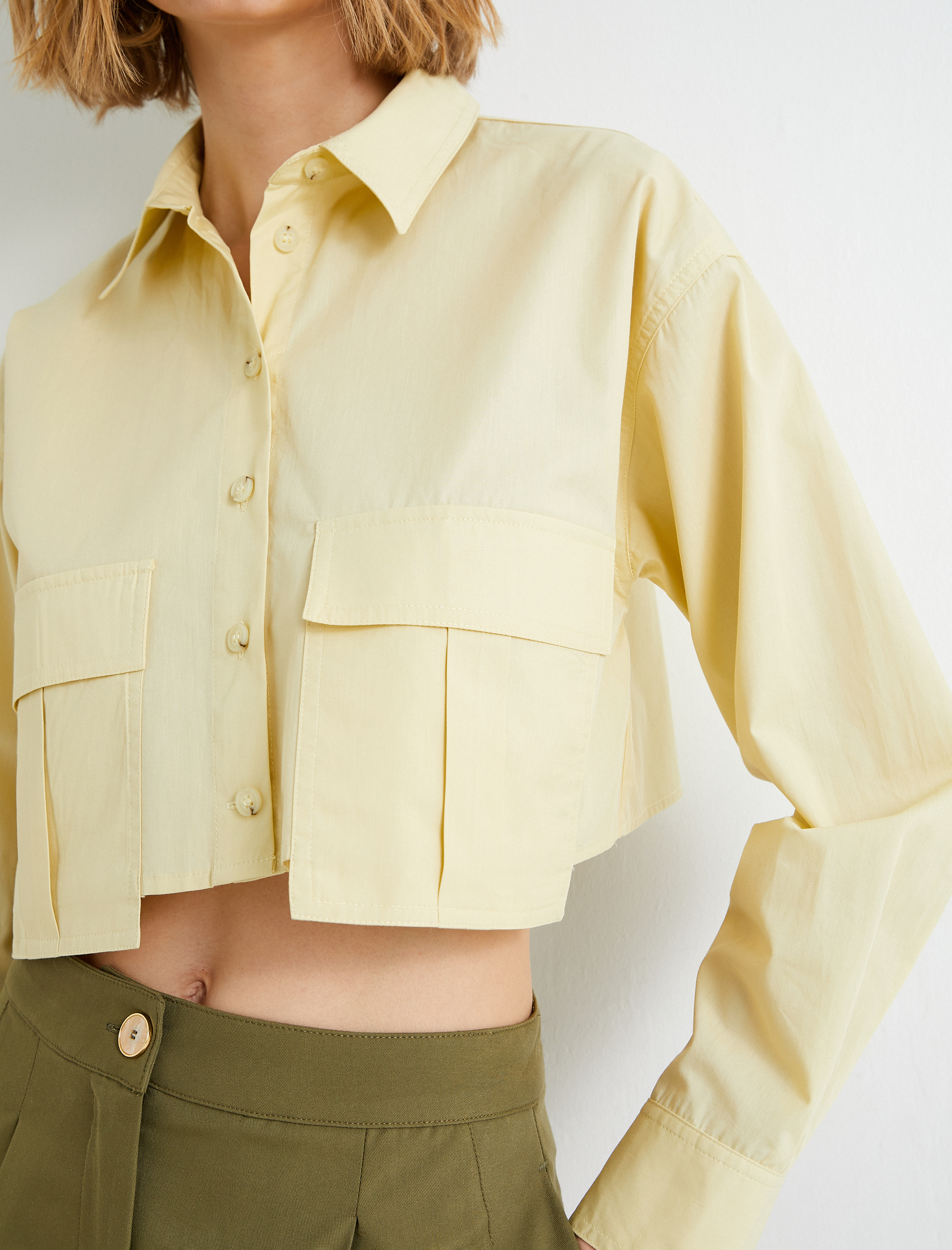   Crop Poplin Gömlek Kargo Cepli Düğmeli Uzun Kollu Pamuklu