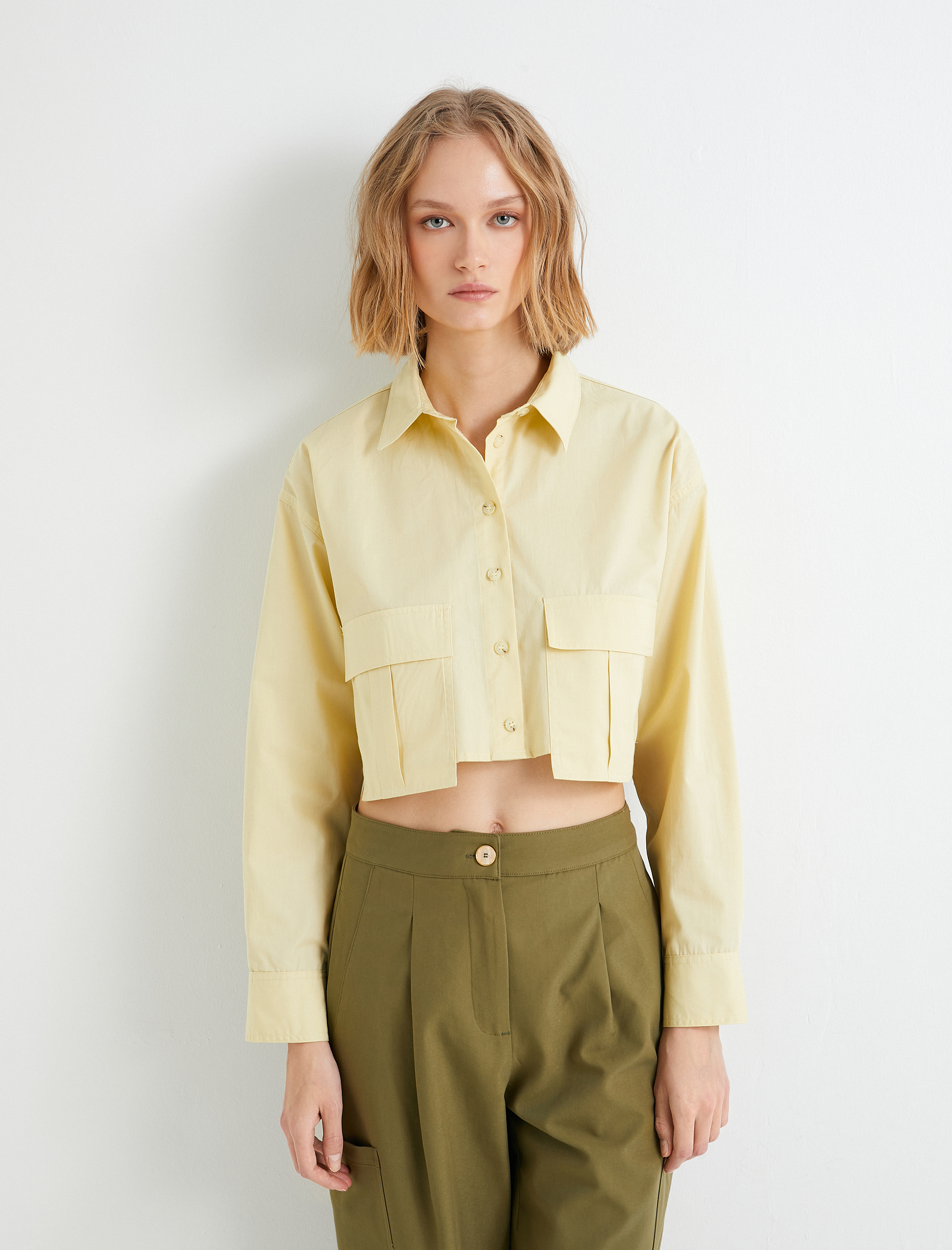   Crop Poplin Gömlek Kargo Cepli Düğmeli Uzun Kollu Pamuklu