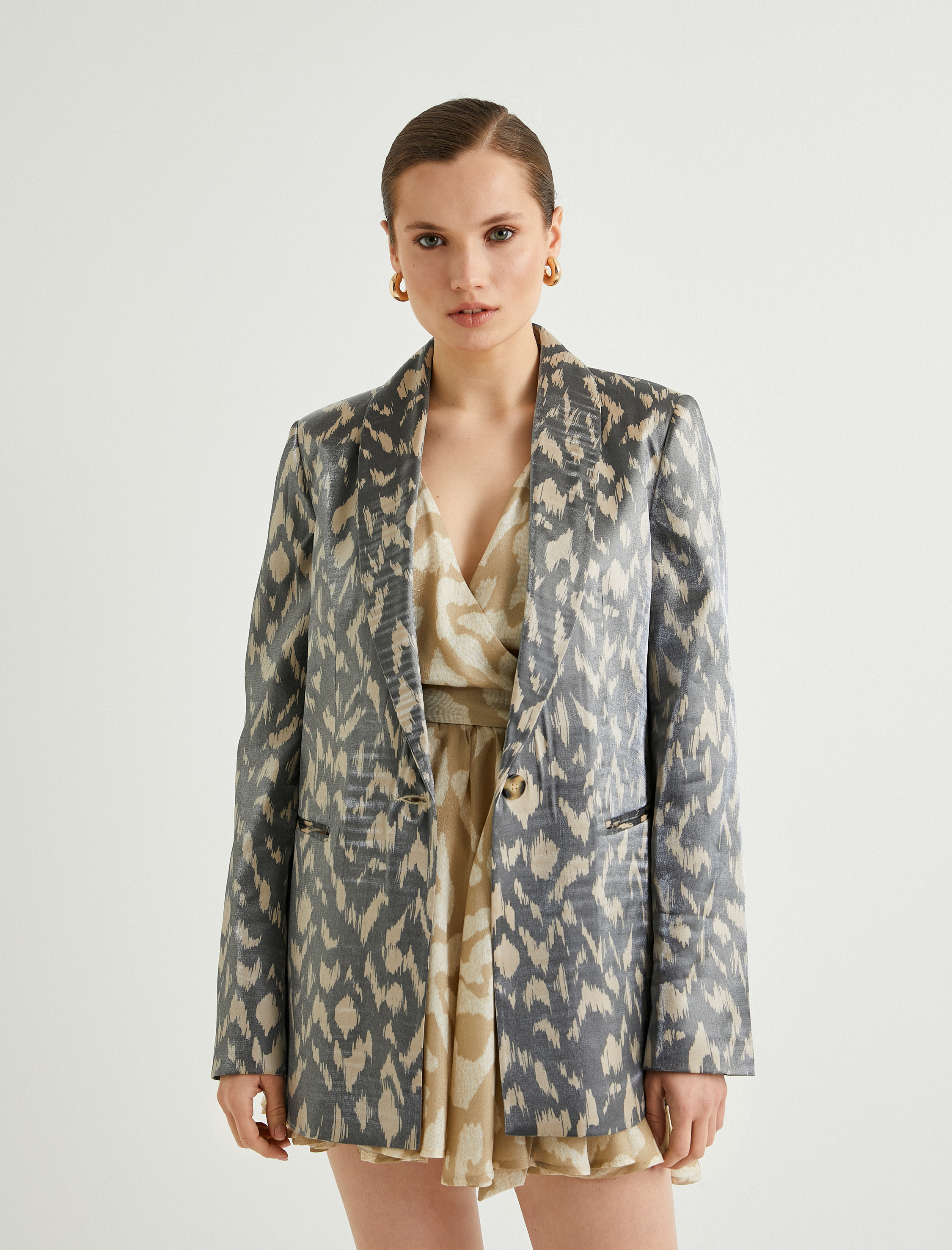   Blazer Ceket Desenli Parlak Dokulu Fleto Cepli