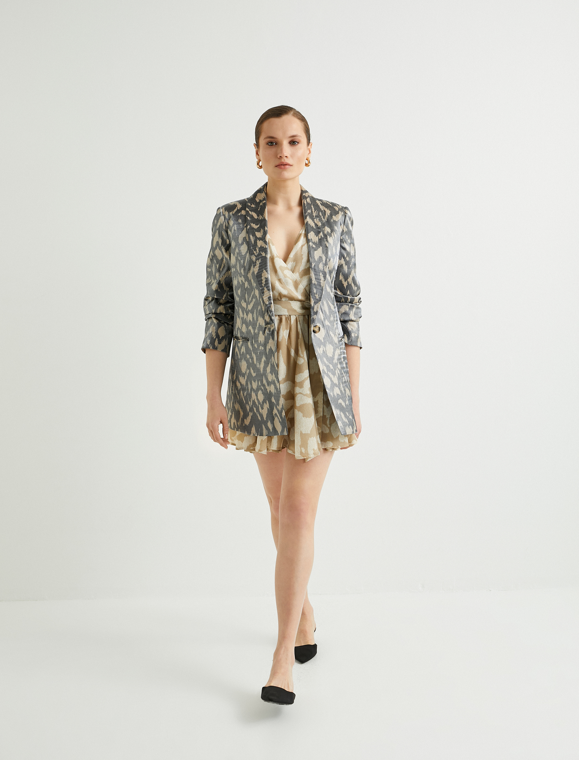   Blazer Ceket Desenli Parlak Dokulu Fleto Cepli