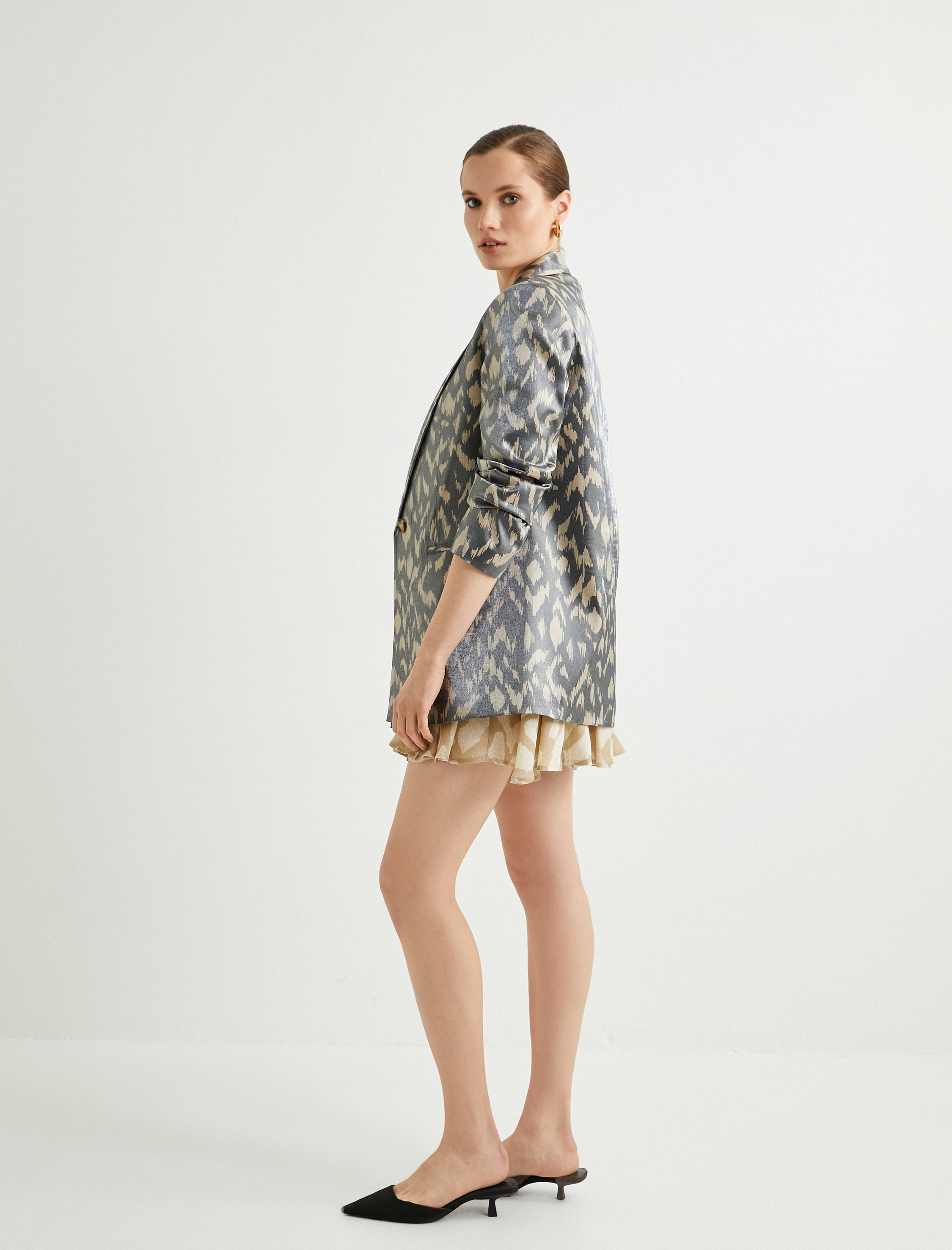   Blazer Ceket Desenli Parlak Dokulu Fleto Cepli