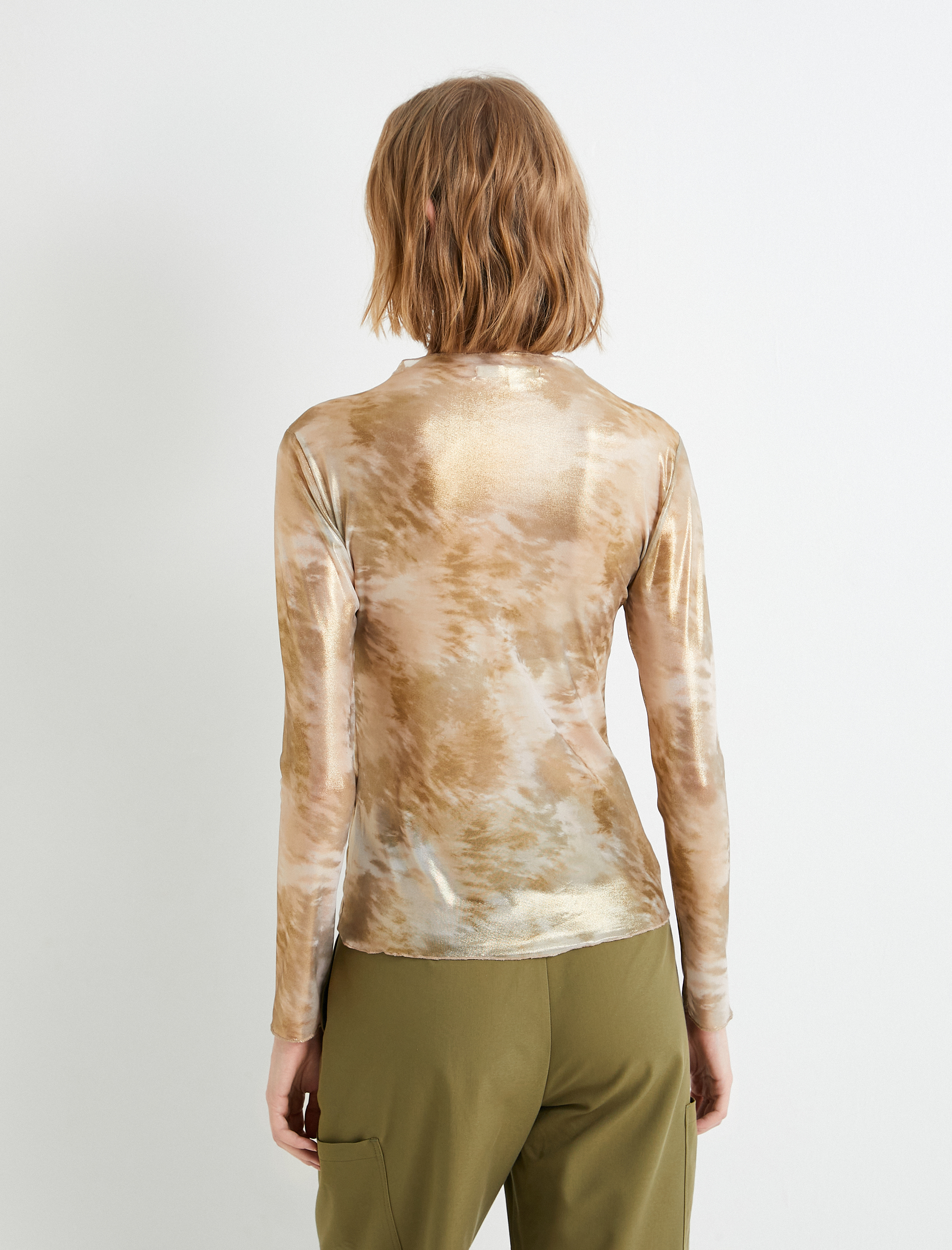 Metalik Parlak Tül Body Uzun Kollu Dik Yaka