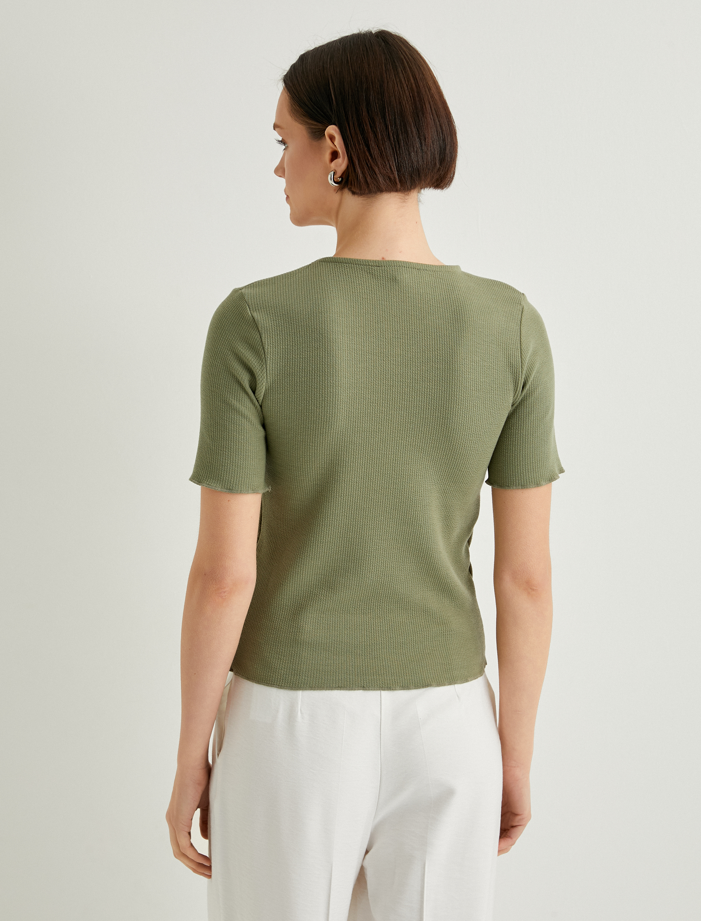   Bisiklet Yaka Tişört Fitilli Kısa Kollu Slim Fit