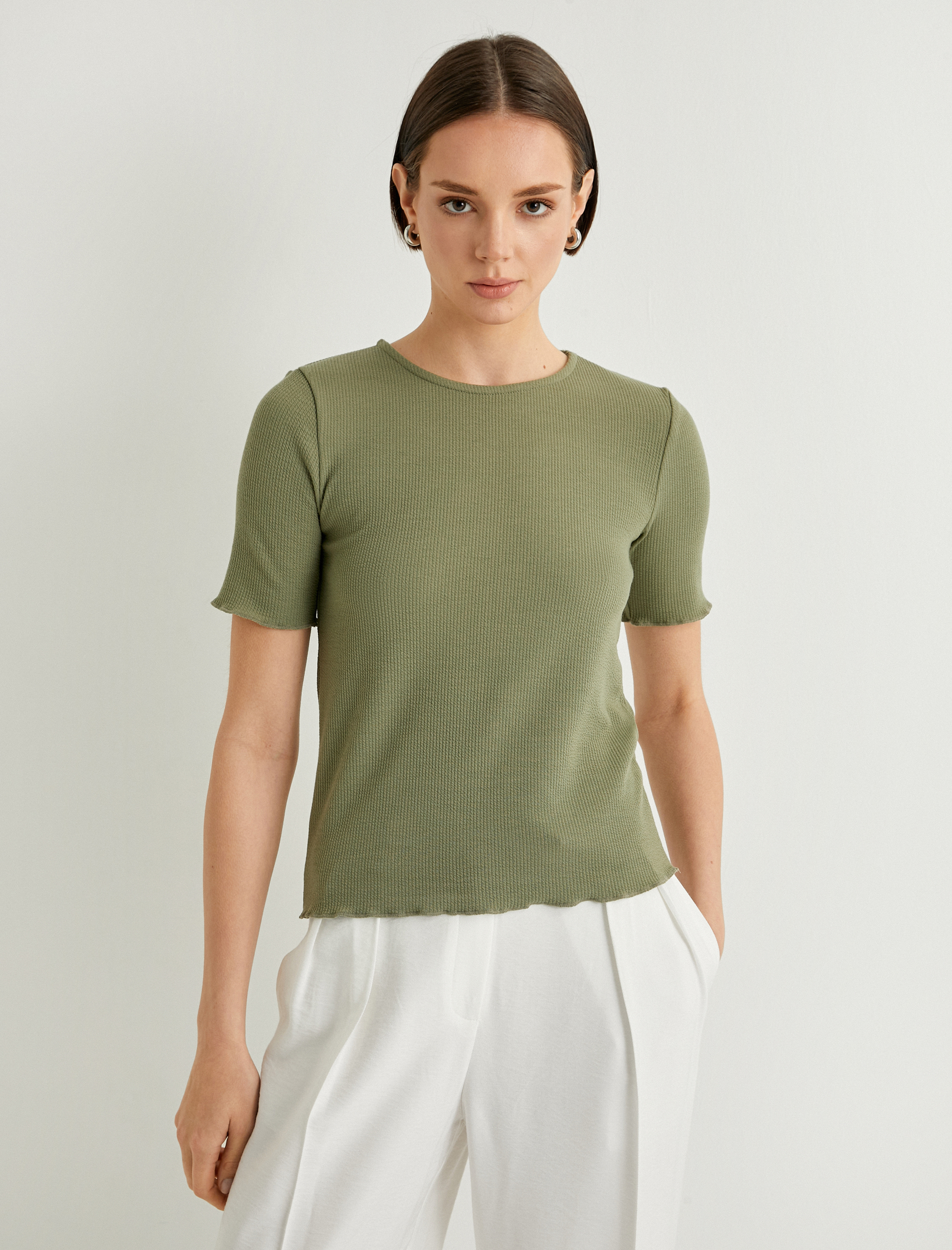   Bisiklet Yaka Tişört Fitilli Kısa Kollu Slim Fit