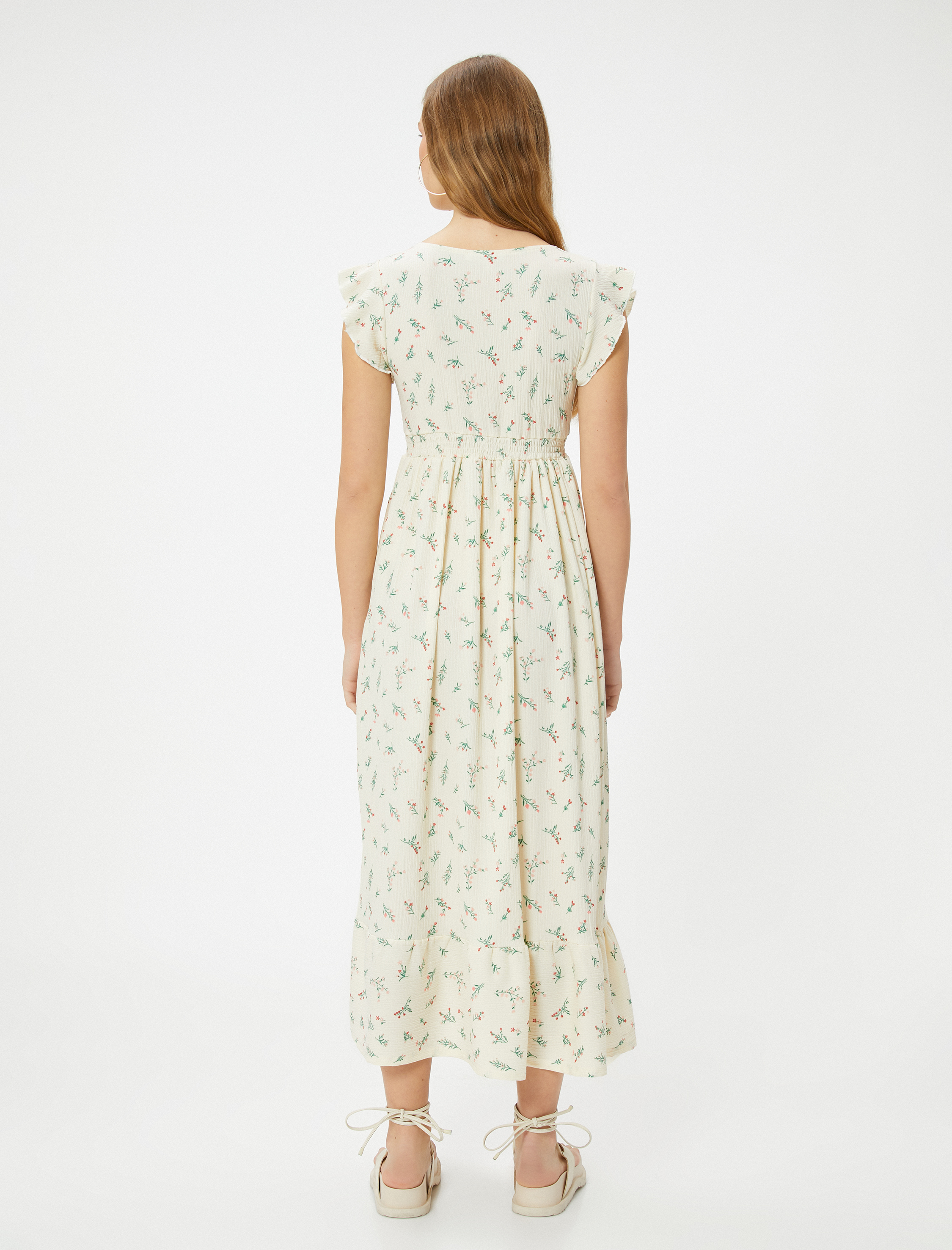   Çiçekli Elbise Midi Boy Kruvaze V Yaka Karpuz Kollu Bürümcük