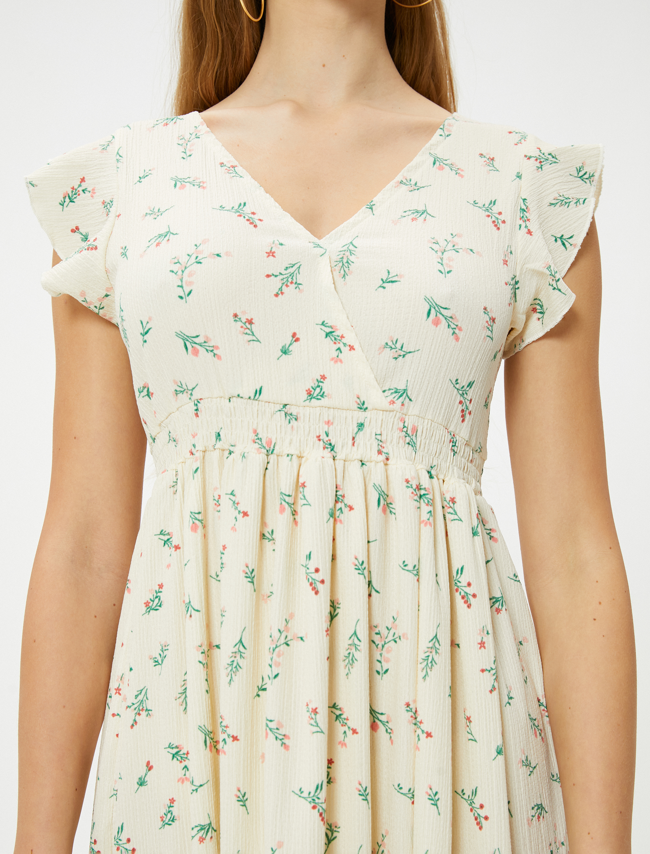   Çiçekli Elbise Midi Boy Kruvaze V Yaka Karpuz Kollu Bürümcük