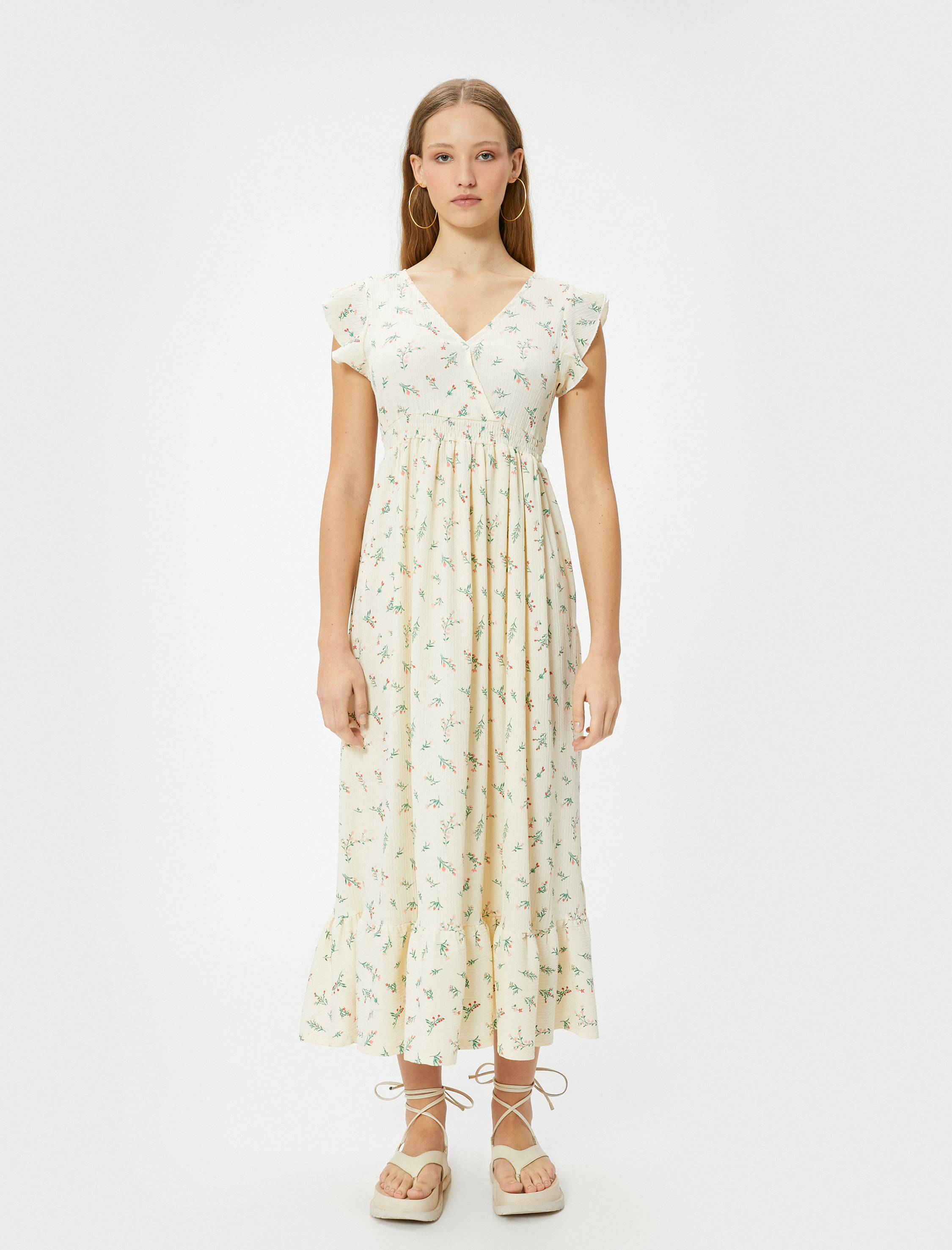   Çiçekli Elbise Midi Boy Kruvaze V Yaka Karpuz Kollu Bürümcük