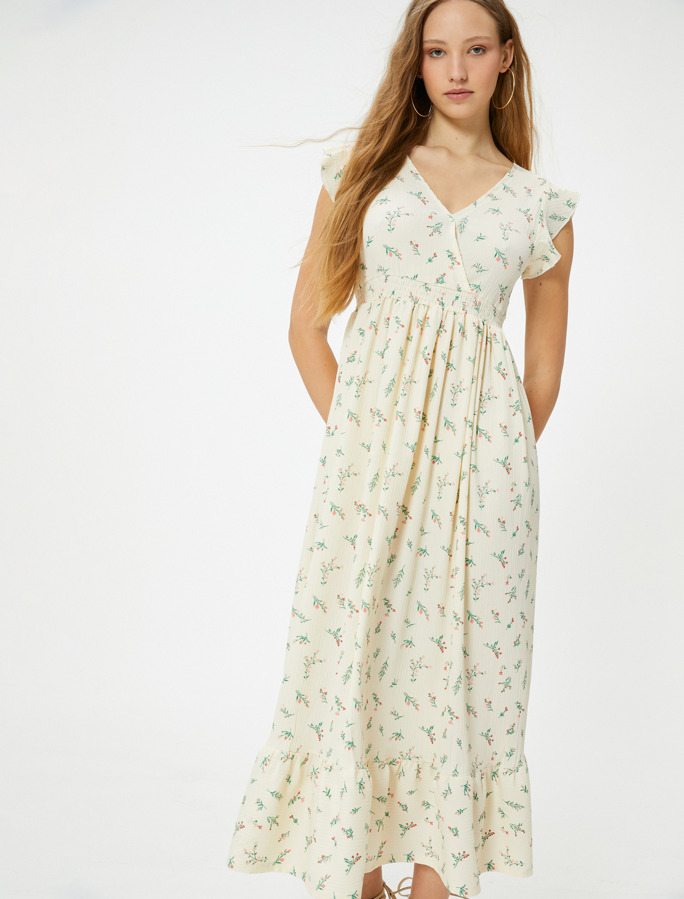   Çiçekli Elbise Midi Boy Kruvaze V Yaka Karpuz Kollu Bürümcük