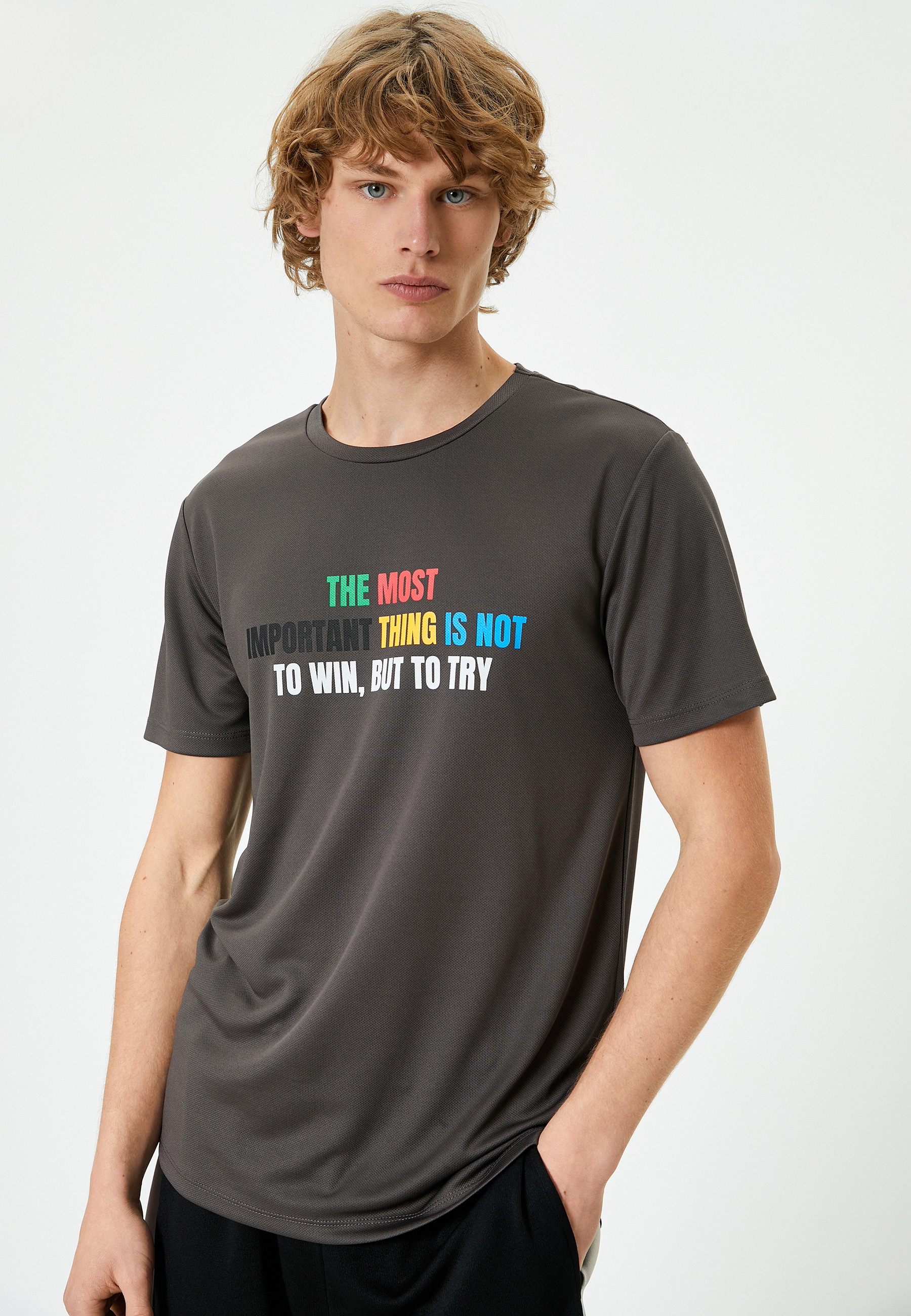   Spor Tişört Slogan Baskılı Bisiklet Yaka Kısa Kollu