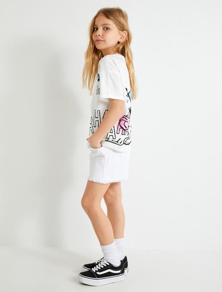 Kız Çocuk Snoopy Tişört Lisanslı Arkası ve Önü Baskılı Kısa Kollu Bisiklet Yaka Pamuklu