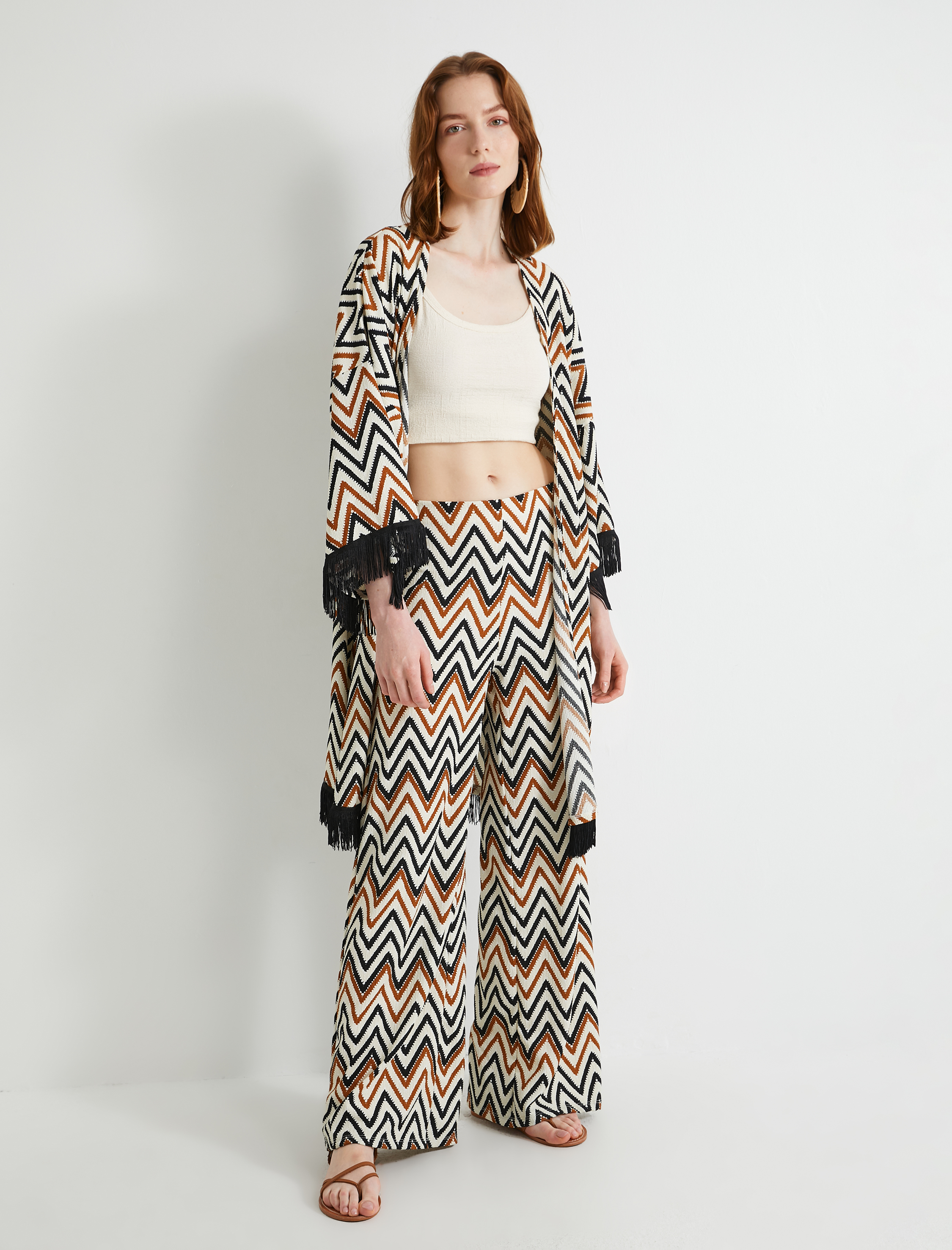   Bol Paça Pantolon Geometrik Desenli Normal Bel