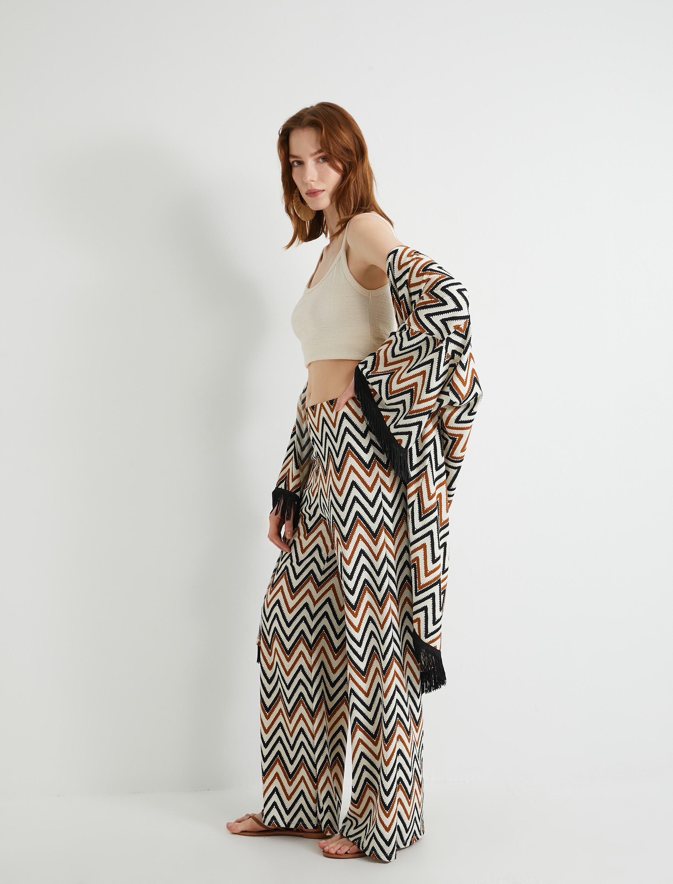   Bol Paça Pantolon Geometrik Desenli Normal Bel