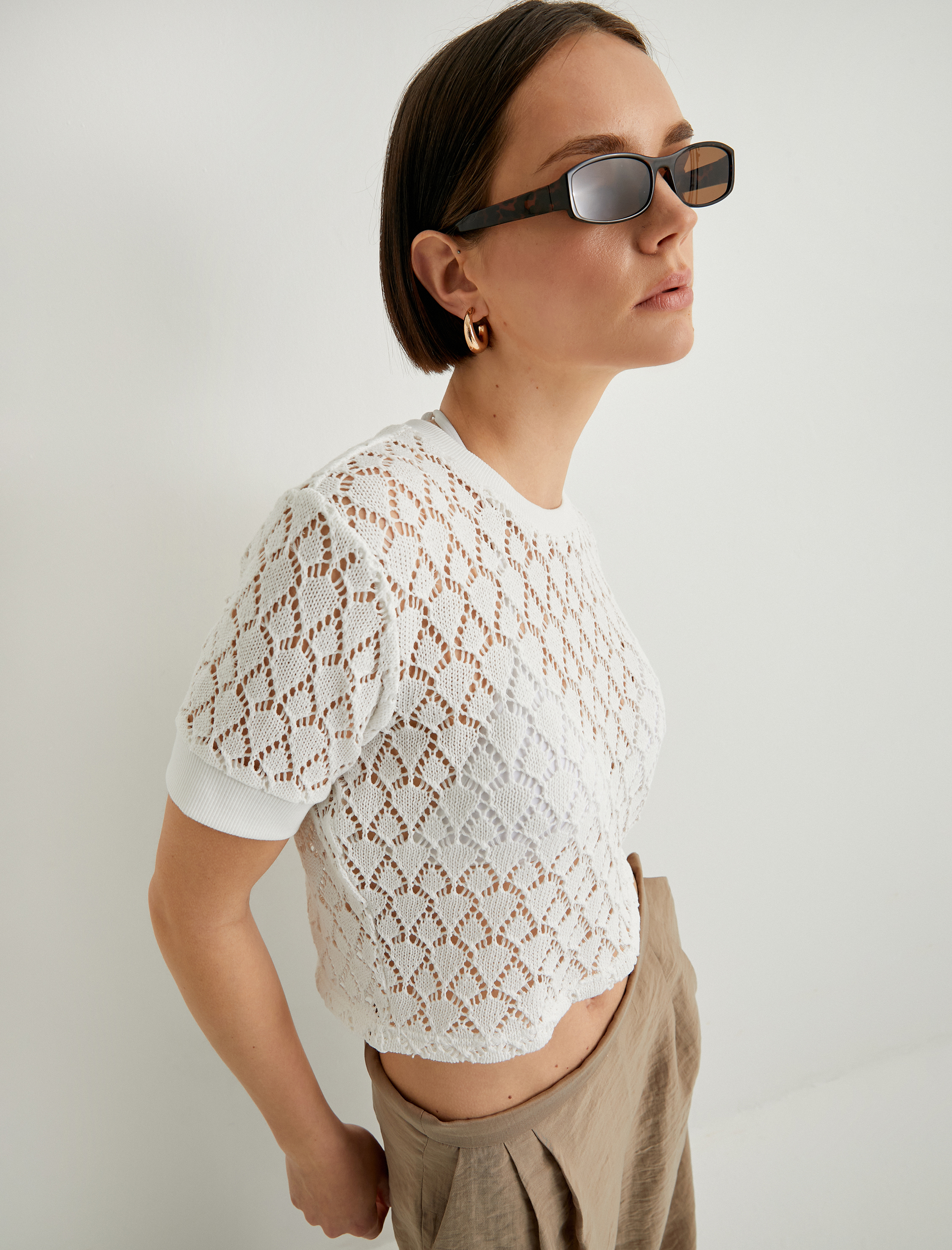   Kroşe Ajurlu Tişört Crop Bisiklet Yaka Kısa Kollu