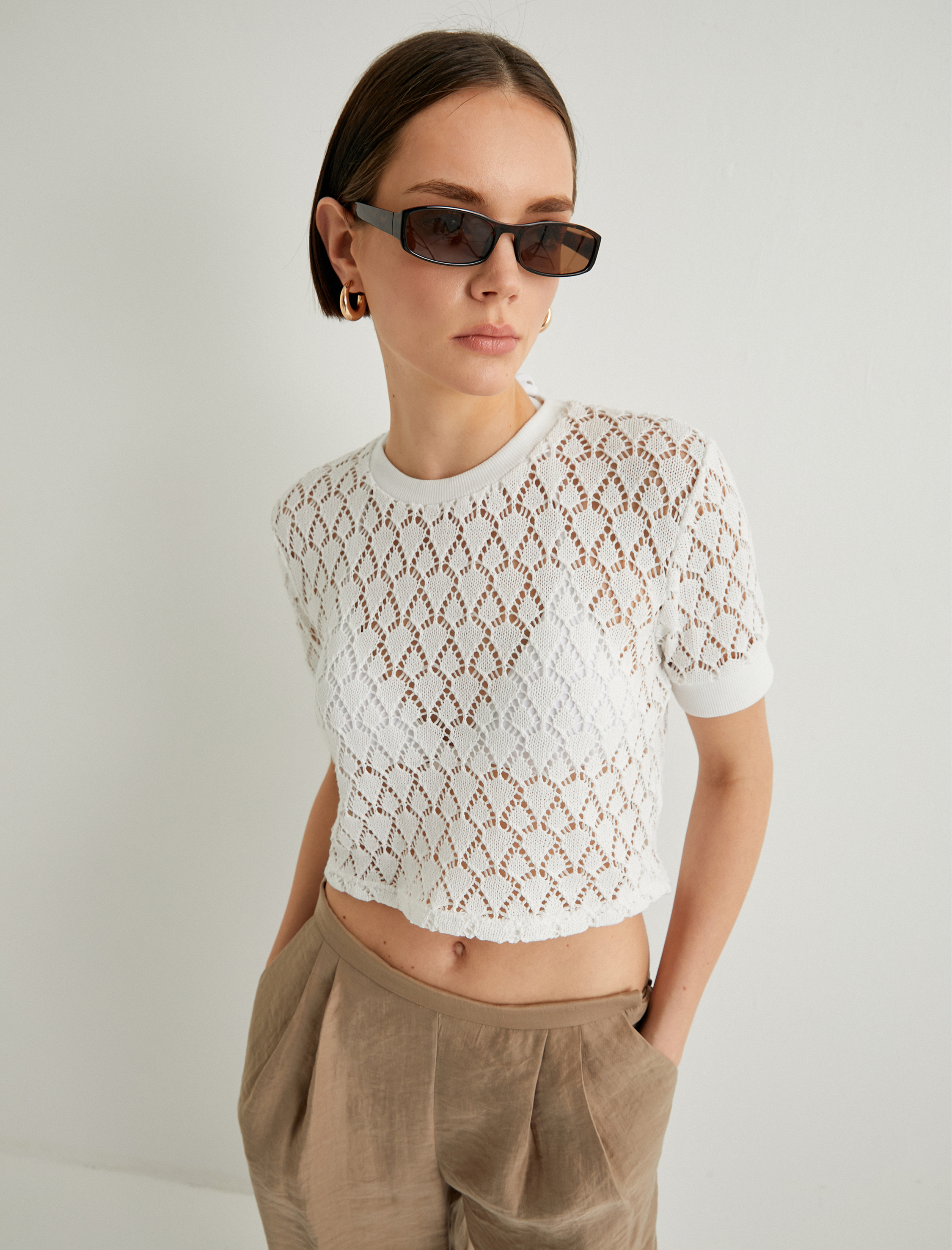   Kroşe Ajurlu Tişört Crop Bisiklet Yaka Kısa Kollu