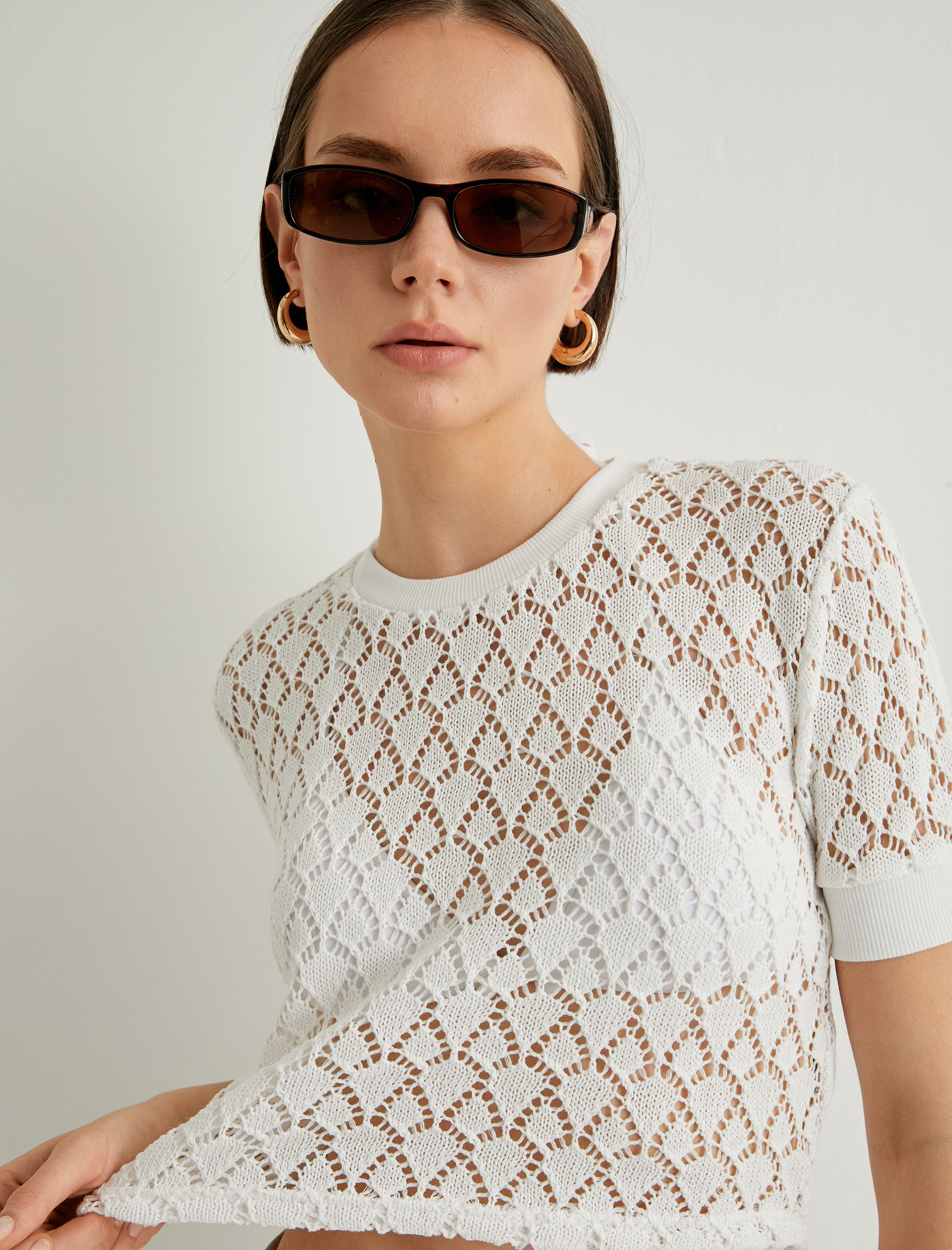   Kroşe Ajurlu Tişört Crop Bisiklet Yaka Kısa Kollu