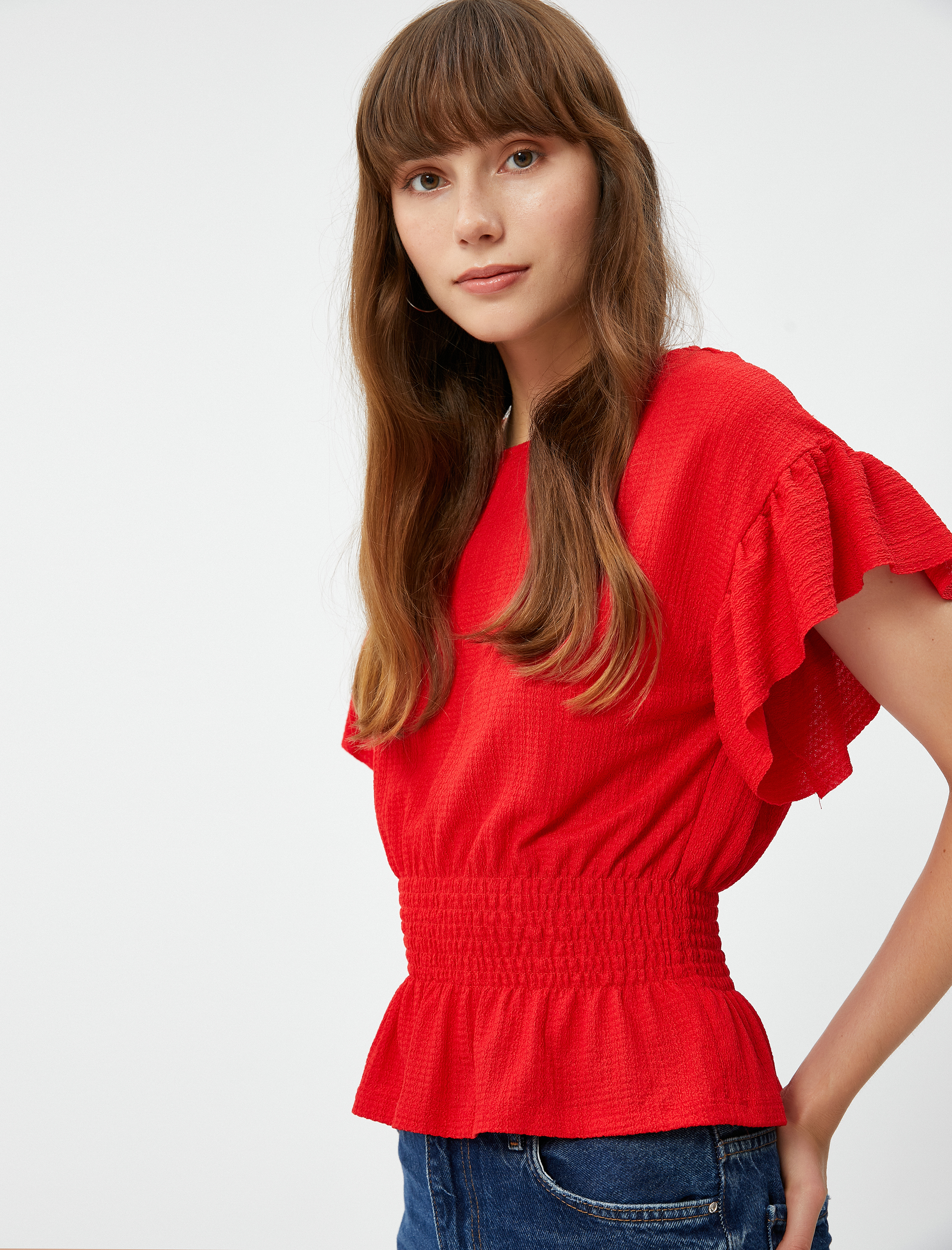   Gipeli Volanlı Tişört Kayık Yaka