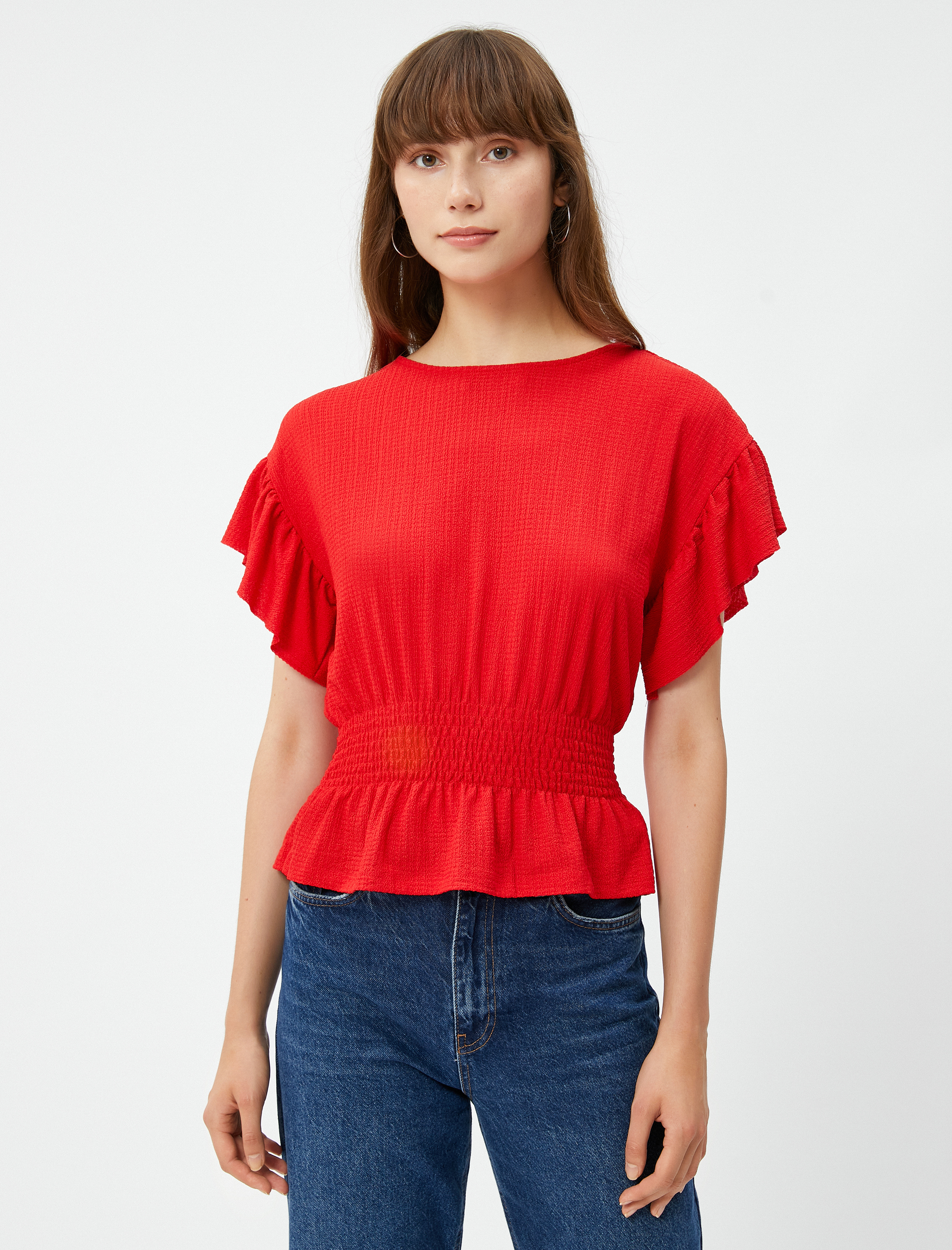   Gipeli Volanlı Tişört Kayık Yaka