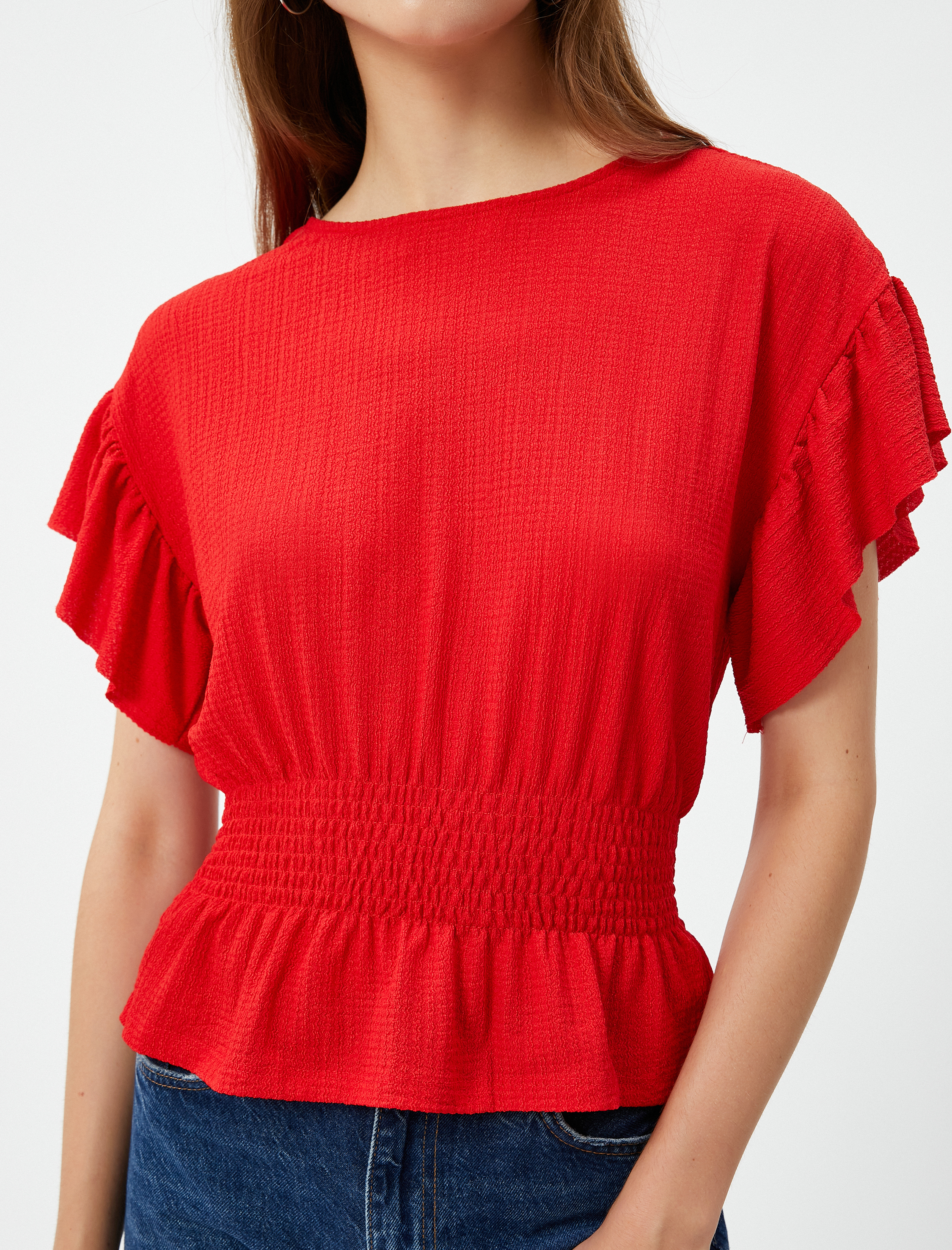   Gipeli Volanlı Tişört Kayık Yaka