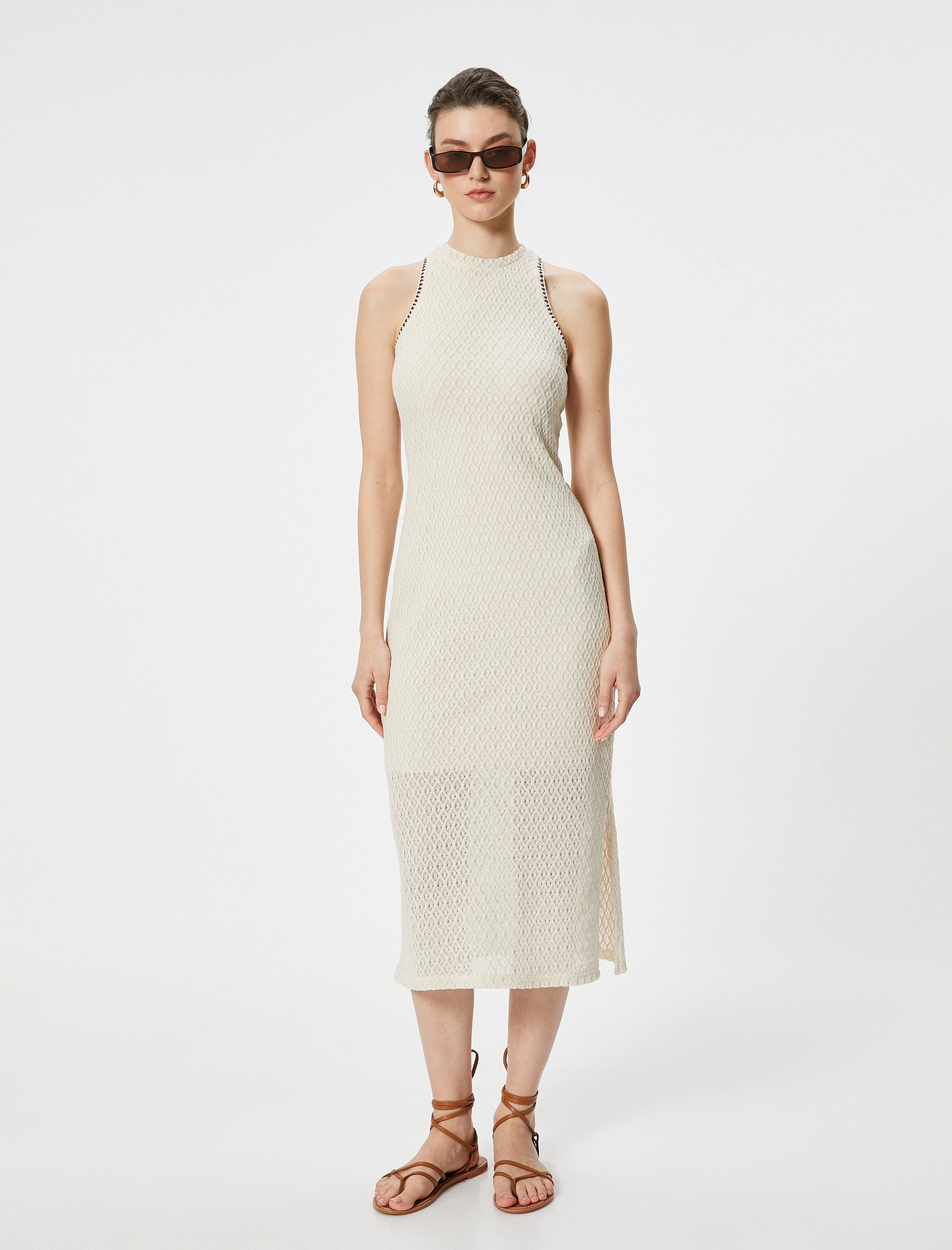   Midi Elbise Kolsuz Bisiklet Yaka Yırtmaç Detaylı Ajurlu