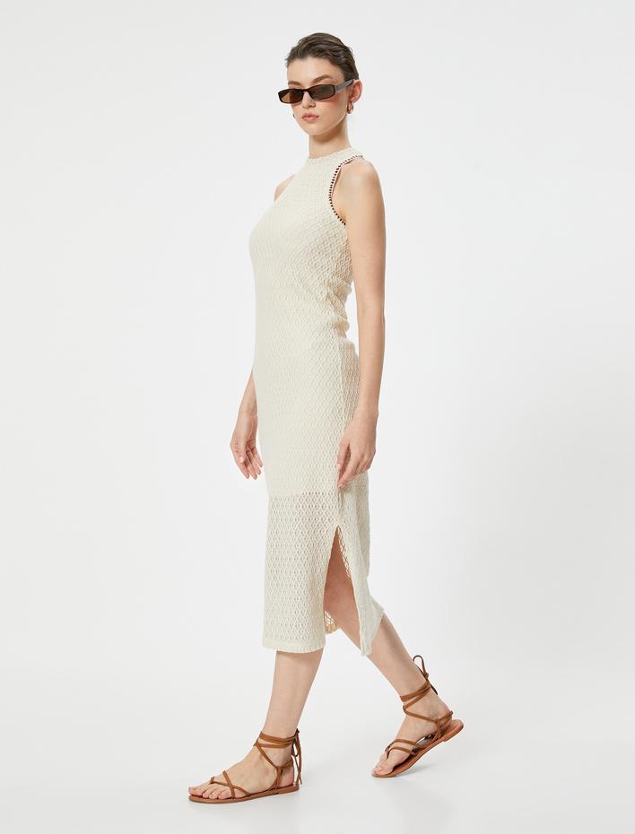  Midi Elbise Kolsuz Bisiklet Yaka Yırtmaç Detaylı Ajurlu