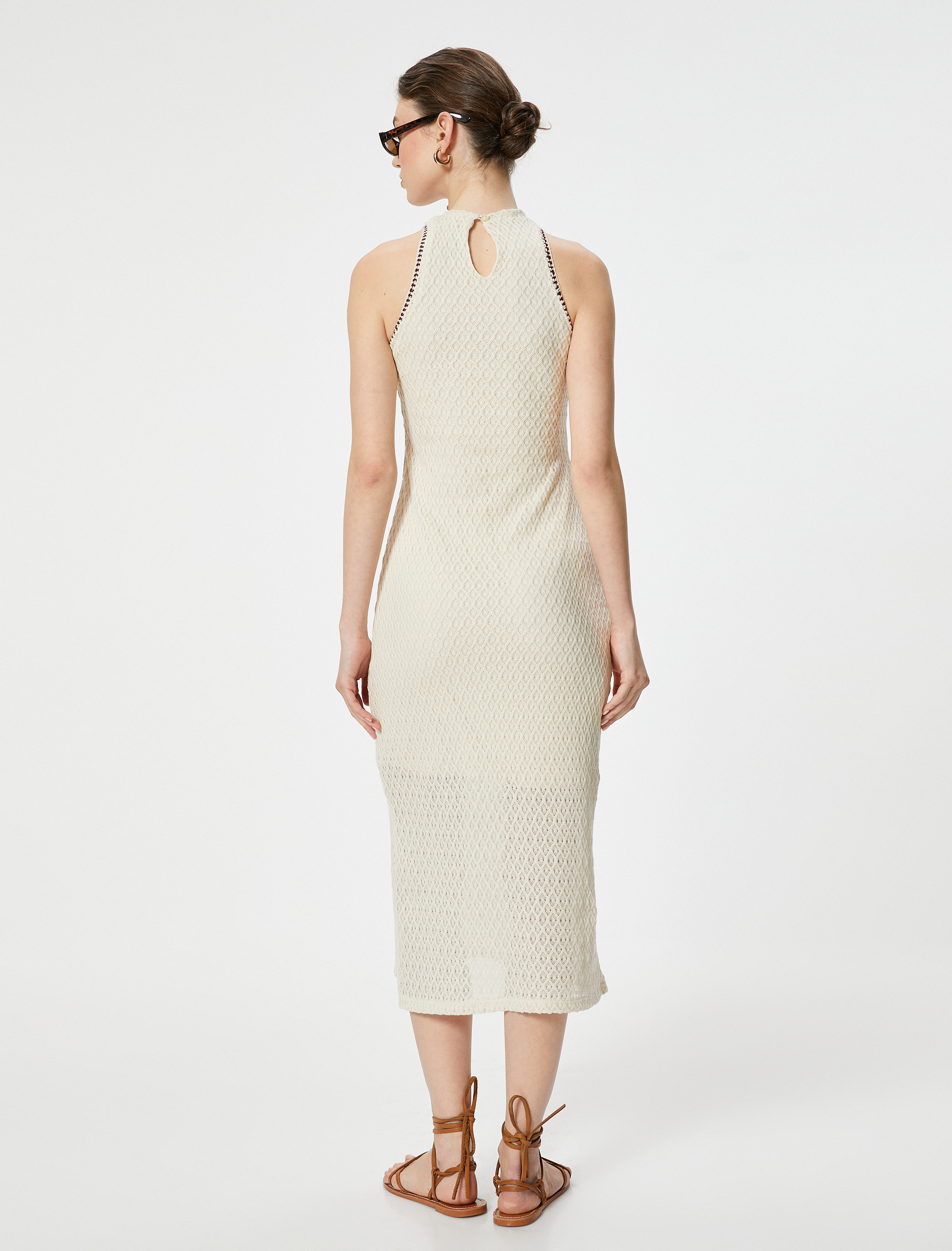   Midi Elbise Kolsuz Bisiklet Yaka Yırtmaç Detaylı Ajurlu