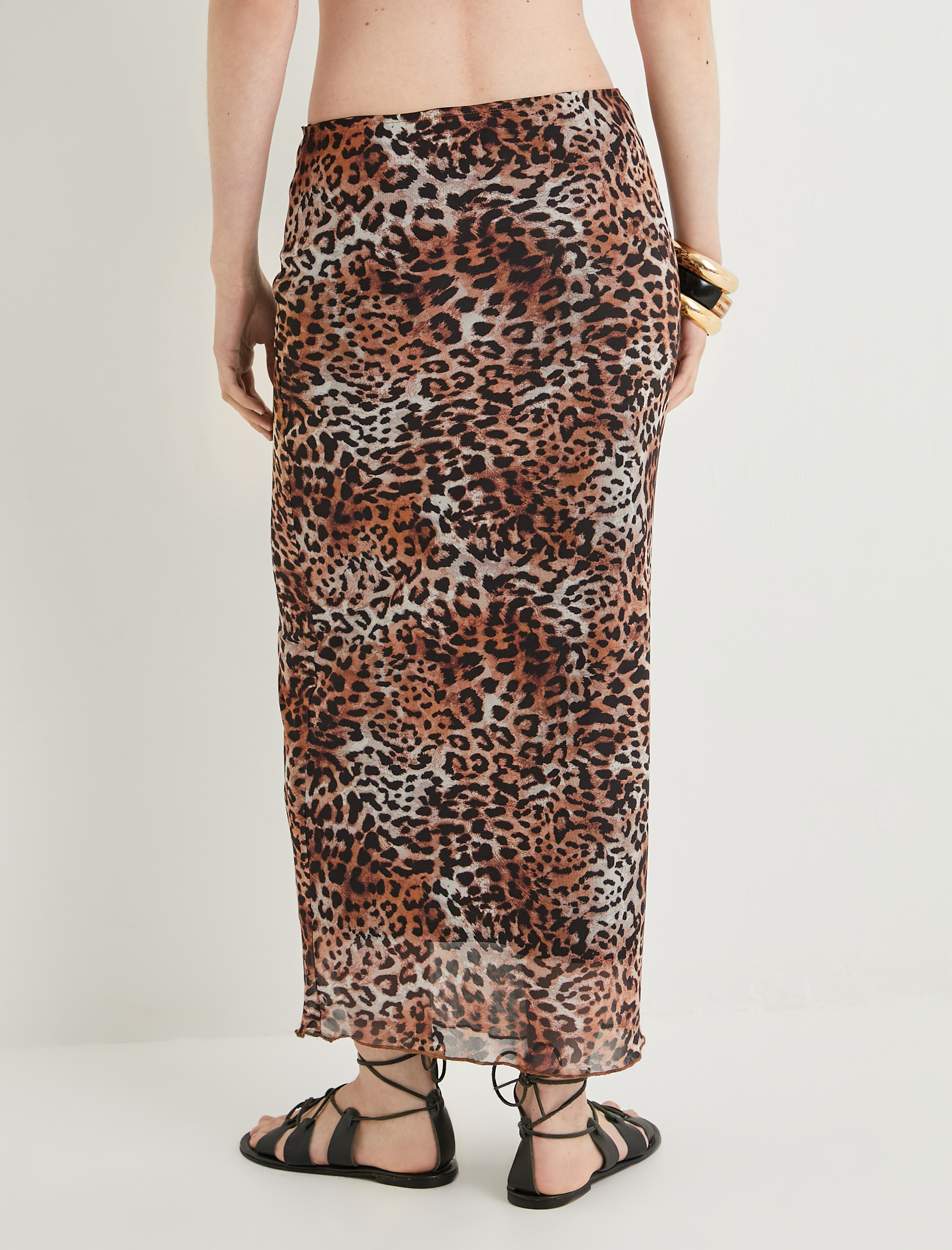   Leopar Desenli Kalem Etek Tül Midi Boy Standart Bel