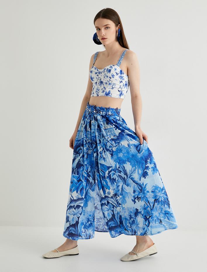  Pileli Çiçekli Uzun Etek Keten Karışımlı Yırtmaç Detaylı Rahat Kalıp