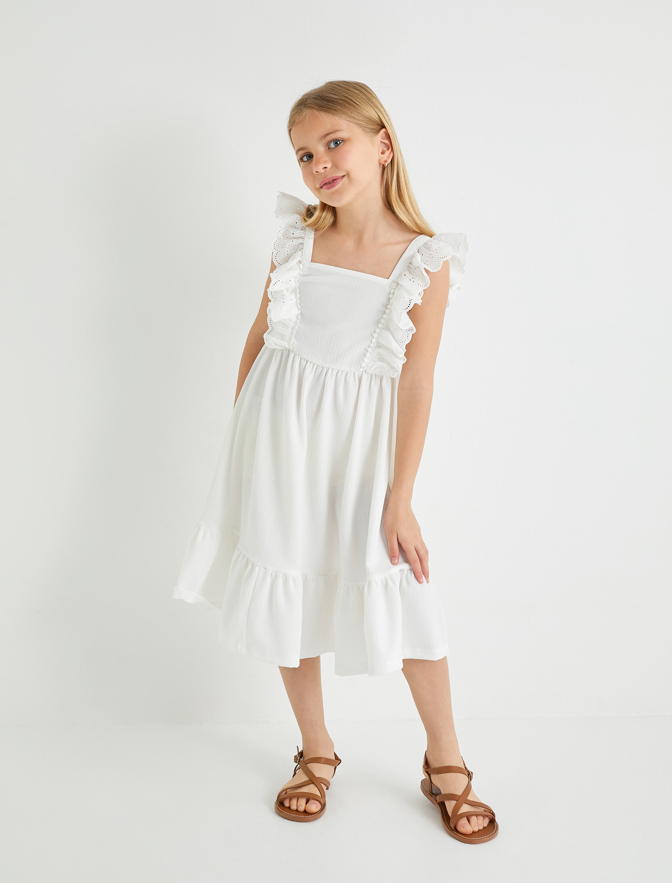  Kız Çocuk Elbise Askılı Fistolu Fırfır Detaylı A Kesim