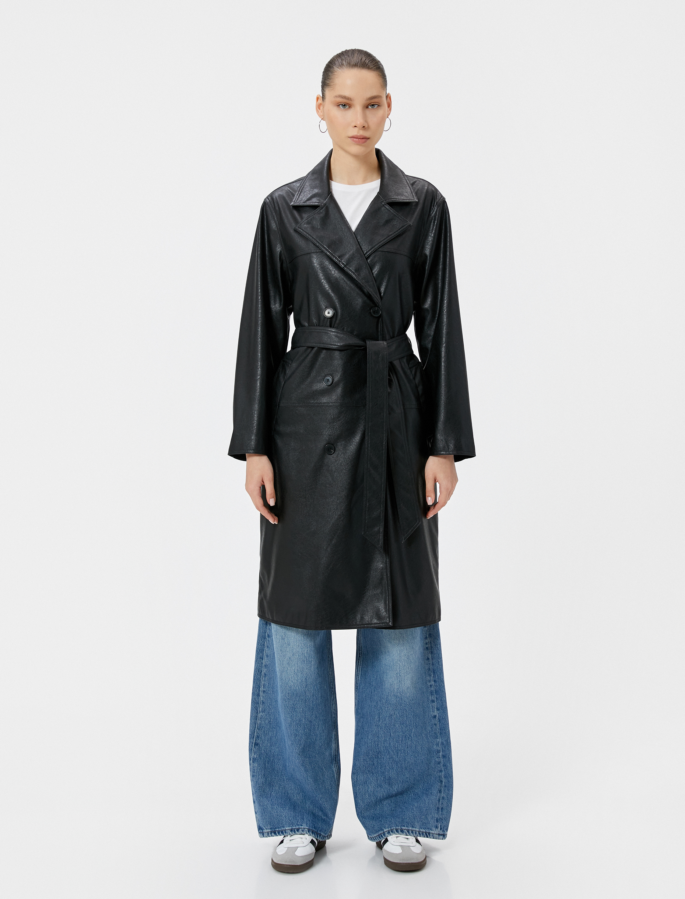   Uzun Suni Deri Trençkot Kruvaze Cepli Düğmeli