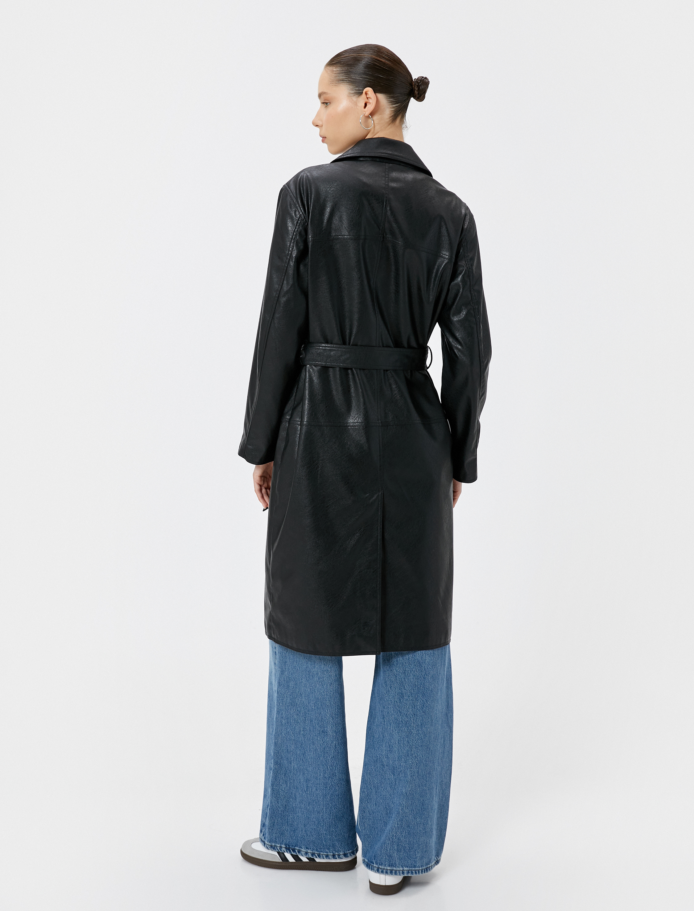   Uzun Suni Deri Trençkot Kruvaze Cepli Düğmeli